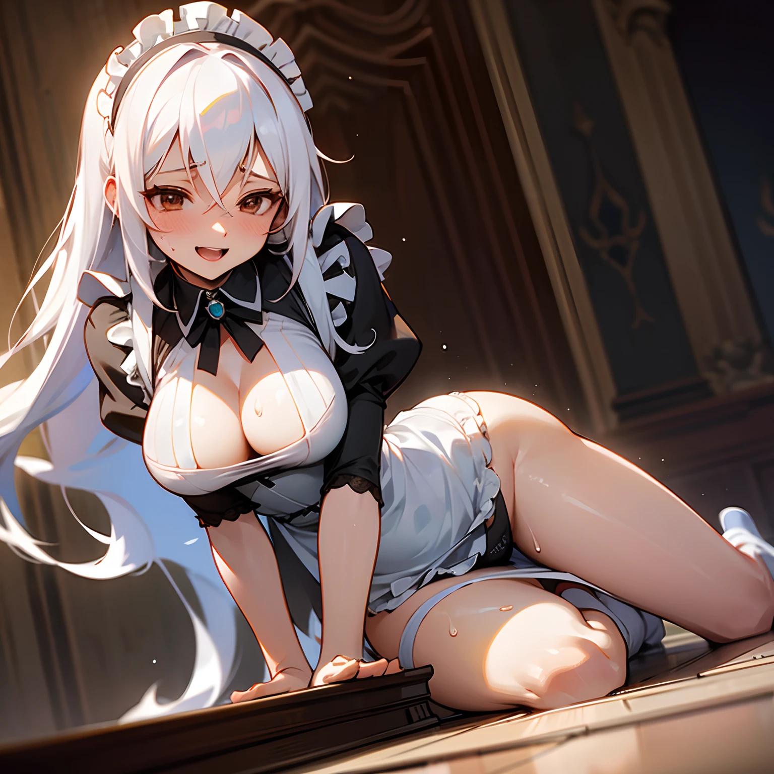 dynamic angle, anime woman in a castle, she is a maid, panty shot, medium size breasts, long white hair, brown eyes, sweat dripping down legs, in love, lewd, shy but happy