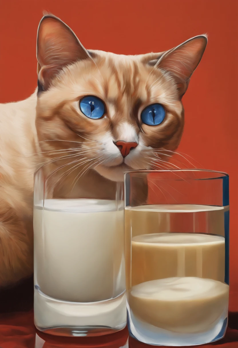 There was a cat sitting next to a glass of milk, Gato bebiendo leche, Illustration of 1 Trigrade Red-tipped Siamese Cat, ojos azules grisaceos, Ilustraciones ultrarrealistas, Ilustraciones ultrarrealistas, hypperrealistic illustration, un gato. Pintura realista, autor:Wayne Inglaterra, realistic illustration, Ilustraciones ultrarrealistas, retrato, Cerrar retrato, Surrealismo premiado, autor:Lisa Mirroy, por Galen Dara