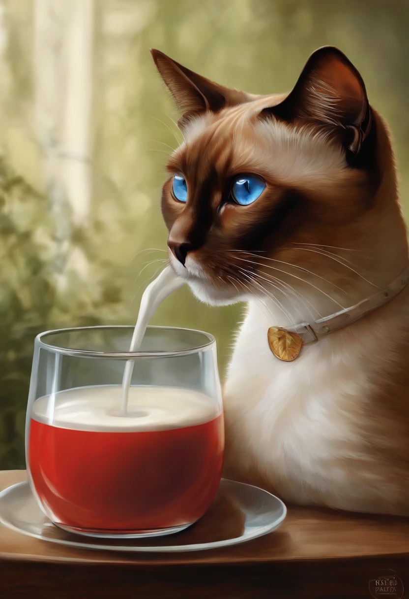 There was a cat sitting next to a glass of milk, Gato bebiendo leche, Illustration of 1 Trigrade Red-tipped Siamese Cat, ojos azules grisaceos, Ilustraciones ultrarrealistas, Ilustraciones ultrarrealistas, hypperrealistic illustration, un gato. Pintura realista, autor：Wayne Inglaterra, realistic illustration, Ilustraciones ultrarrealistas, retrato, Cerrar retrato, Surrealismo premiado, autor：Lisa Mirroy, por Galen Dara