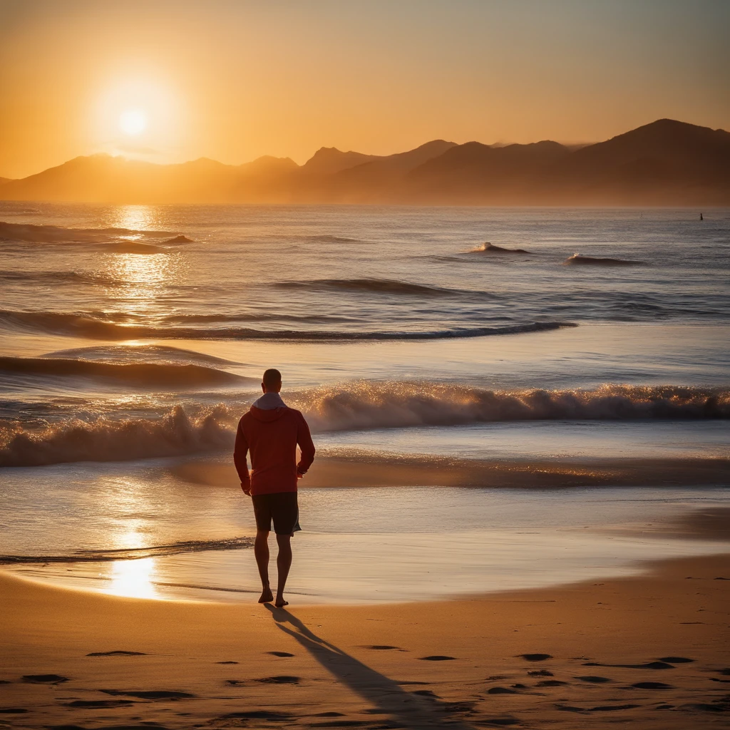 Photography of , Men Sweat Shirts , Flees, Collection for 2024 winter , different color contrast fowwling new trends , 8k, Ultra HD ,BokehThe sunset should be clear on the sea, sharp sands, surrounded by some seashells and starfish, high quality in shadows, ultra quality in sands, super details, 8k