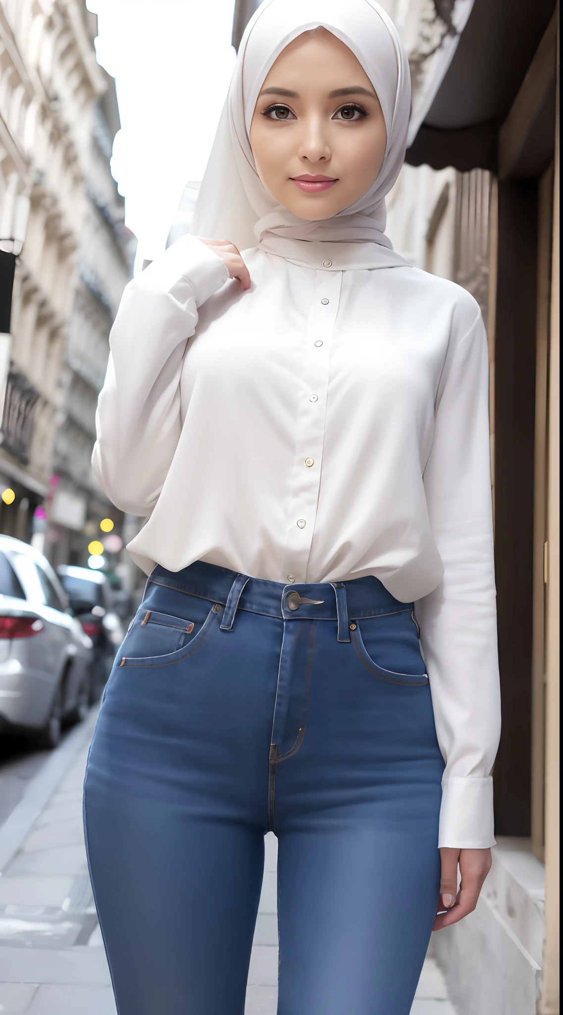 (Masterpiece, Best quality), beautiful woman, Detailed long-sleeved blouse, Wearing the hijab on the head, pantalon jeans moulant un cul parfait visage parfait, beau visage, Attirant, De grands yeux magnifiques, ouvrir bouche, contenu, Corps slim fit parfait, (outdoor), Rues de la ville, New York, couleurs vives, lui tourna le dos pour montrer ses fesses, se penche en avant, Turn your head towards the camera, regard coquin, cul parfait, montre son cul