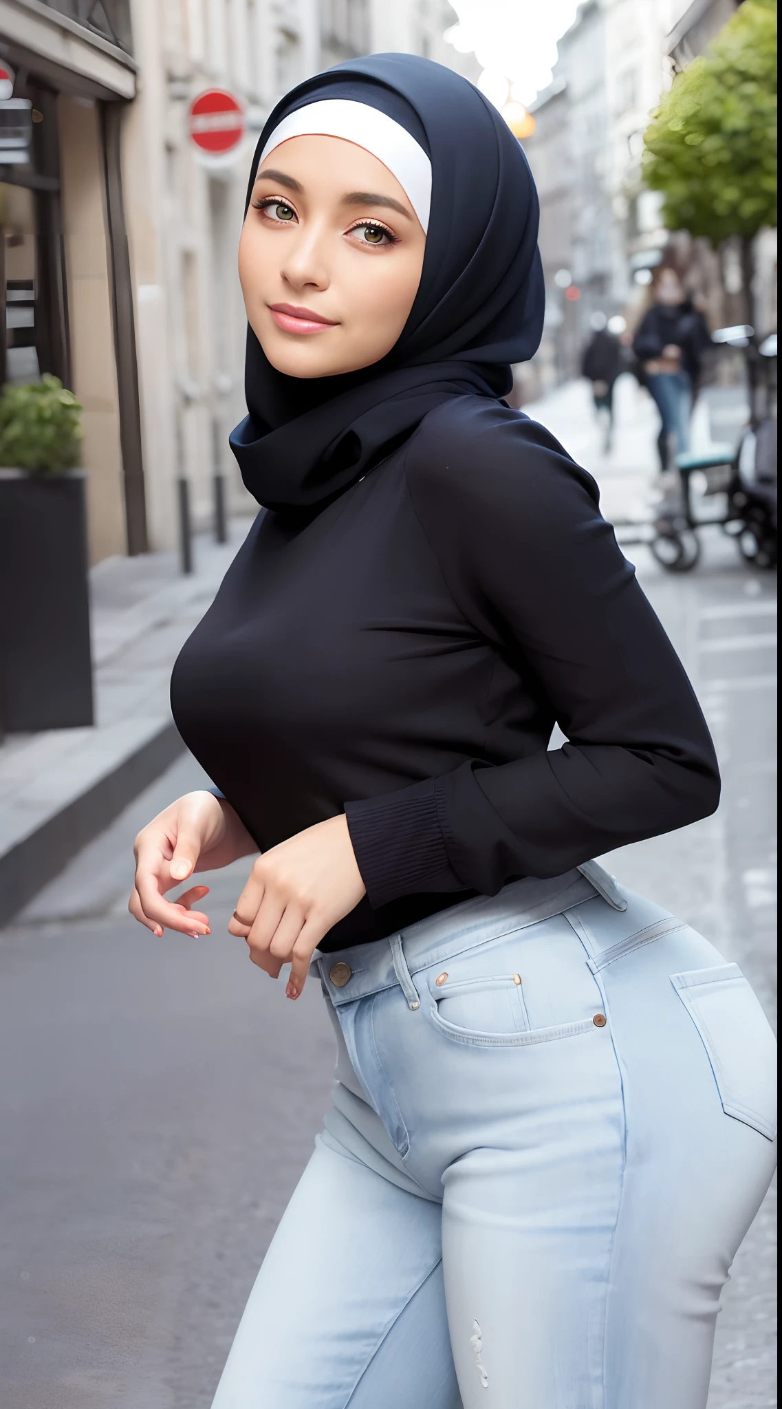 (Masterpiece, Best quality), beautiful woman, Detailed long-sleeved blouse, Wearing the hijab on the head, pantalon jeans moulant un cul parfait visage parfait, beau visage, Attirant, De grands yeux magnifiques, ouvrir bouche, contenu, Corps slim fit parfait, (outdoor), Rues de la ville, New York, couleurs vives, lui tourna le dos pour montrer ses fesses, se penche en avant, Turn your head towards the camera, regard coquin, cul parfait, montre son cul