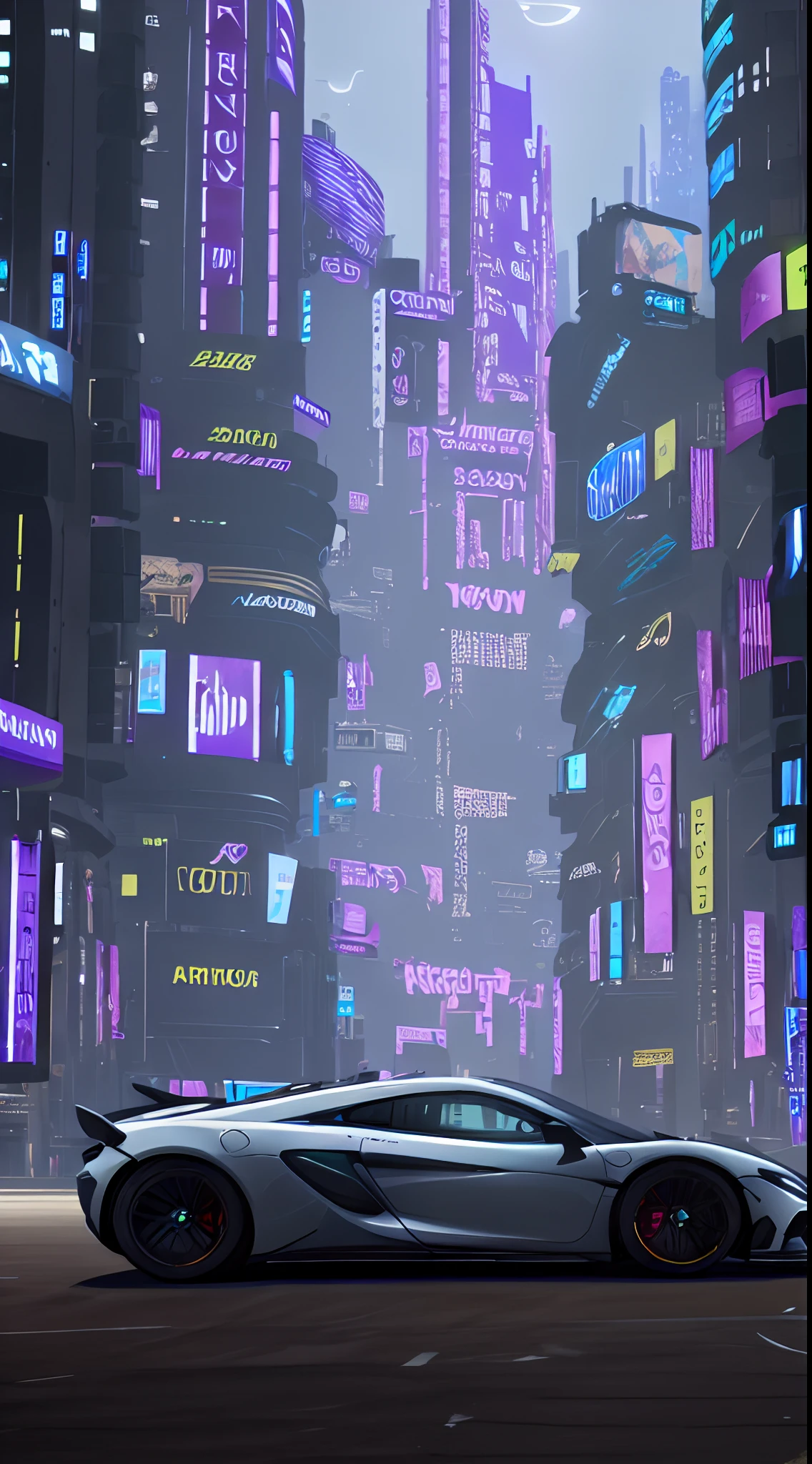 white McLaren 570s in a cyberpunk city 2056