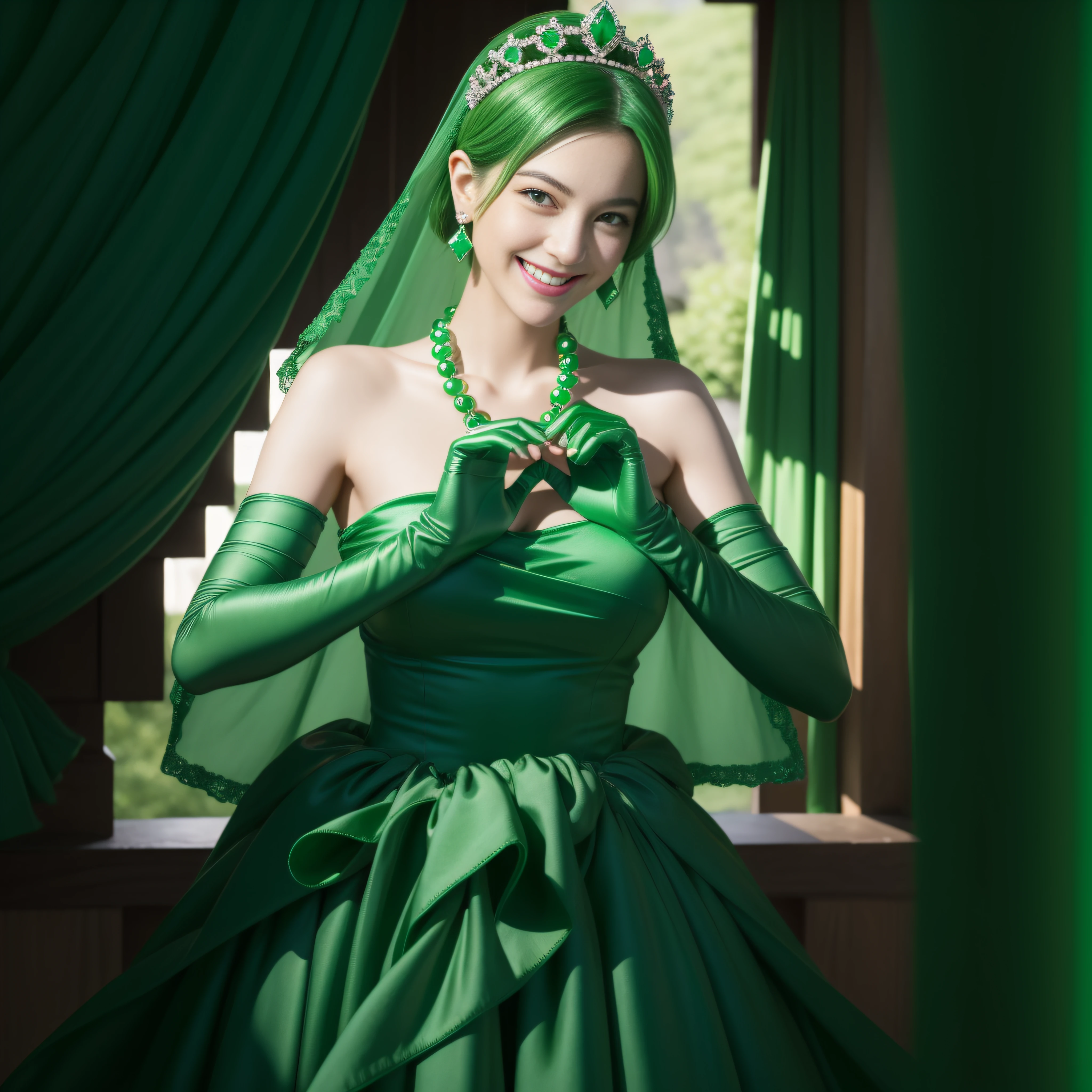 emerald tiara, Green Pearl Necklace, Boyish very short green hair, lipsticks, Japan woman smiling, very short short hair, big breasts beautiful, Green eyes, Long green gloves made of satin material, Green eyes, Emerald Earrings, green vale, Heart with both hands,Green hair
