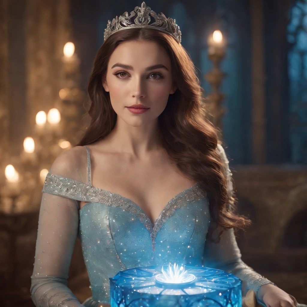 a chaos Disney style princess sitting in her castle bedroom holding a magic luminescent transparent, highly ornate, box containing a captured chaos exploding neutron star causing the multiverse to open, colorful sparks and swirls coming from the star, hdr, 8k, beautiful, ultra photo realistic, vivid colors