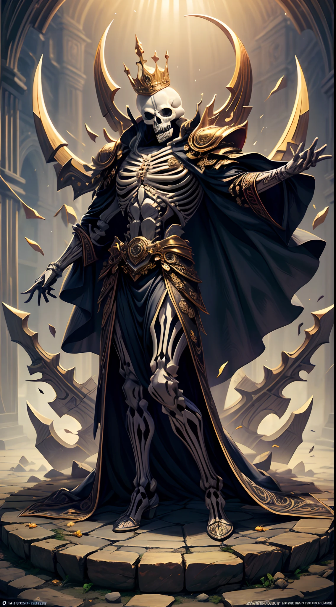 1. Skeleton King (FULLBODY): The Skeleton King stands tall and imposing in a desolate land, his skeletal frame adorned with intricate gold trimmings and a sinister grin. His hollow eyes gleam with a menacing intent, a massive scythe in one hand and a clock in the other, its hands frozen at midnight.
2. King Calendar (FULLBODY): The King Calendar is a regal figure with a body made entirely of carved wooden blocks, each representing a different month. His elaborate crown is shaped like a giant calendar, and he carries a scepter that can manipulate the passing of time. The setting is an