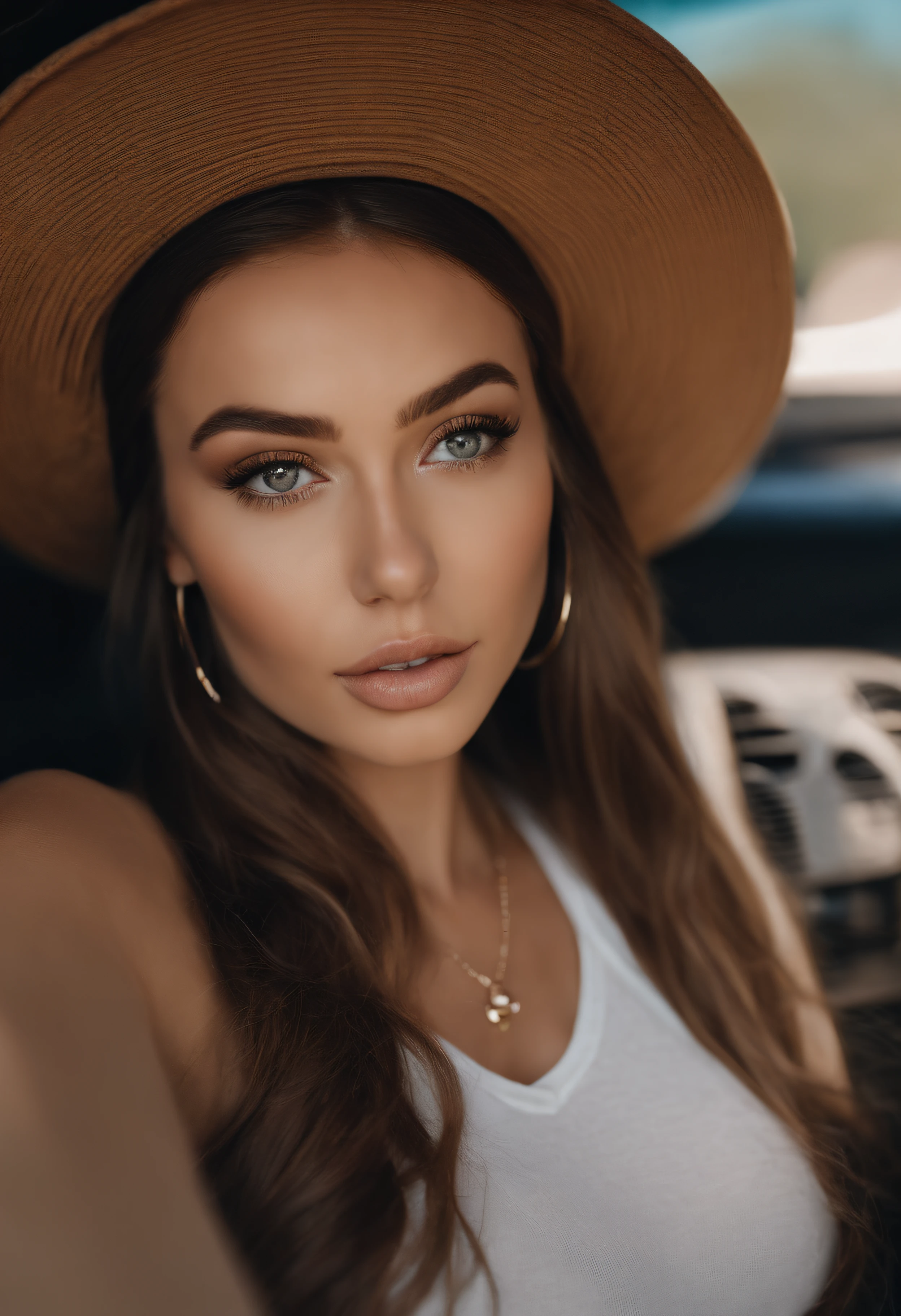 arafed woman with a necklace, large breasts, in a black cab, modern kitchen, white countertop, sexy girl with brown eyes, portrait sophie mudd, brown hair and large eyes, selfie of a young woman, bedroom eyes, violet myers, without makeup, natural makeup, looking directly at the camera, face with artgram, subtle makeup, stunning full body shot, piercing green eyes, beautiful angle, attractive pose, cute girl, sexy pose, full body picture, full body, full body shoot, brunette goddess, high detail, satisfied pose, wearing only a blue bucket hat, average breasts, (beautiful detailed face, beautiful detailed eyes), (naked), glow, sweat, (sunbeam, sunlight), (nsfw:1.5)