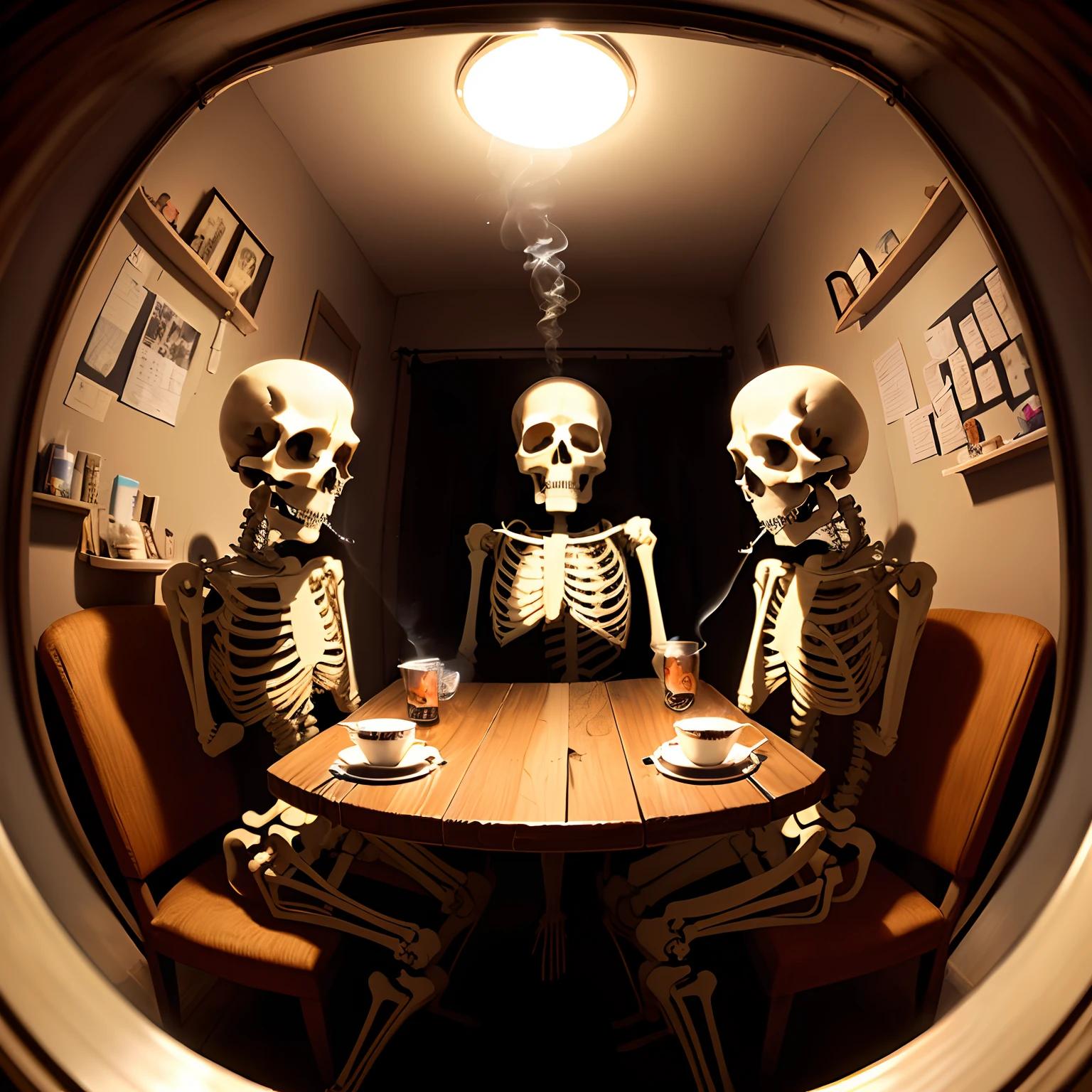 A skeleton watching tv The interior of a 1980s suburban home in Los Angeles, perfect for a sitcom setting. The living room is the heart of the house, featuring wood-paneled walls, a large brick fireplace, and a plush, floral-patterned sofa set. A vintage tube TV sits on a wooden console, surrounded by VHS tapes and a few family photos in mismatched frames. The coffee table is cluttered with magazines, a rotary phone, and a remote. The kitchen, just off the living room, is a blend of retro charm and functionality with colorful linoleum flooring, wooden cabinets with brass handles, and harvest gold appliances. A round dining table with cushioned chairs sits near the window, where a set of sheer, lace curtains allows sunlight to filter in. The walls are decorated with a mix of floral and geometric-patterned wallpapers, adding a touch of the era’s bold style. The hallway leads to bedrooms with plush carpeting, featuring more wood accents, such as a full-length mirror with a wooden frame and family portraits lining the walls. The overall atmosphere is cozy and lived-in, with a sense of warmth and nostalgia, making it the perfect setting for the daily life of a sitcom family.