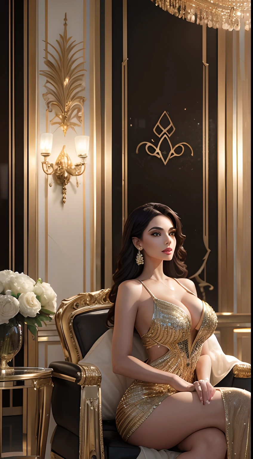 (best quality,8k,ultra-detailed,realistic:1.2),gorgeous real estate agents, luxurious setting in Dubai, vibrant colors, detailed backgrounds, masterful lighting, confident and elegant poses, stunning architectural design, glamorous fashion attire, bustling cityscape, high-rise buildings, palm trees, sparkling skyline, high-end interior decor, refined taste, sophisticated clientele