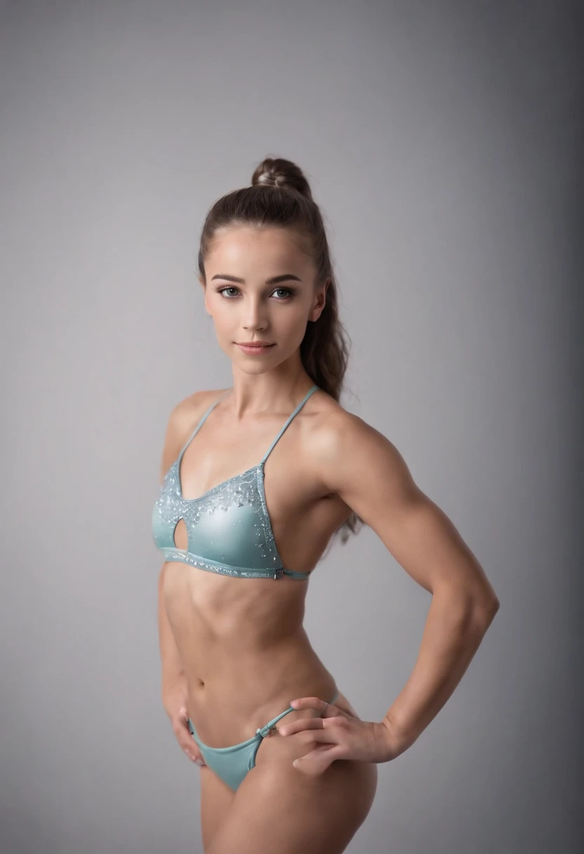 NSFW, Full-length professional studio photograph of Gorgeous, very fit age gymnast in tiny bikini