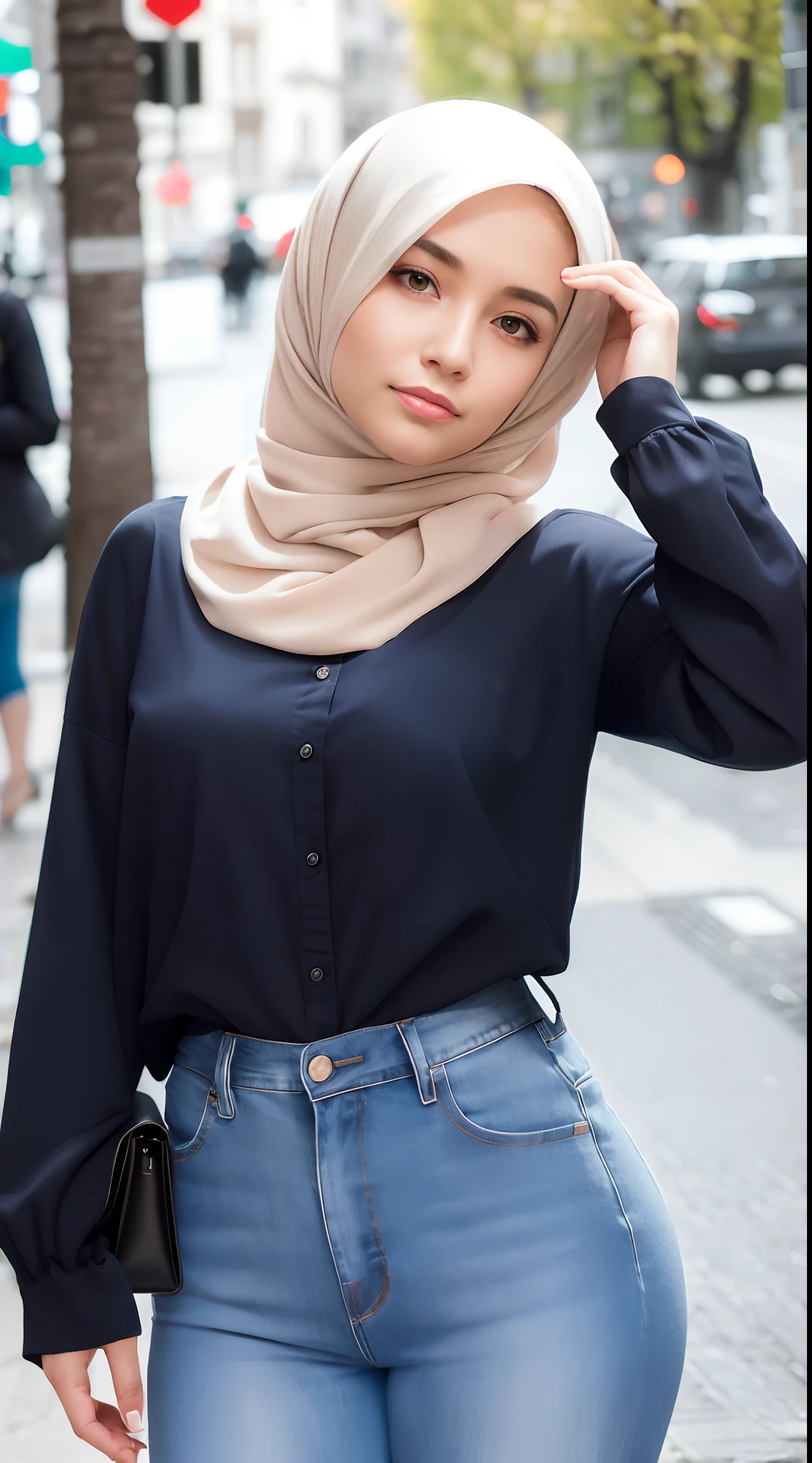 (Masterpiece, Best quality), beautiful woman, Detailed long-sleeved blouse, Wearing the hijab on the head, pantalon jeans moulant un cul parfait visage parfait, beau visage, Attirant, De grands yeux magnifiques, ouvrir bouche, contenu, Corps slim fit parfait, (outdoor), Rues de la ville, New York, couleurs vives, lui tourna le dos pour montrer ses fesses, se penche en avant, Turn your head towards the camera, regard coquin, cul parfait, montre son cul, (Masterpiece, Best quality), beautiful woman, Detailed long-sleeved blouse, Wearing the hijab on the head, pantalon jeans moulant un cul parfait visage parfait, beau visage, Attirant, De grands yeux magnifiques, ouvrir bouche, contenu, Corps slim fit parfait, (outdoor), Rues de la ville, New York, couleurs vives, lui tourna le dos pour montrer ses fesses, se penche en avant, Turn your head towards the camera, regard coquin, cul parfait