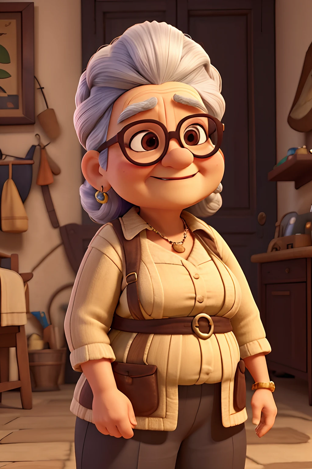 idosa, branca, European Ethnic Traits, Portugal, cabelo coque, penteado de idosa, corpo inteiro, The old lady is fat, He wears glasses and is telling stories to his grandchildren, disney pixar desenho animado em 3d