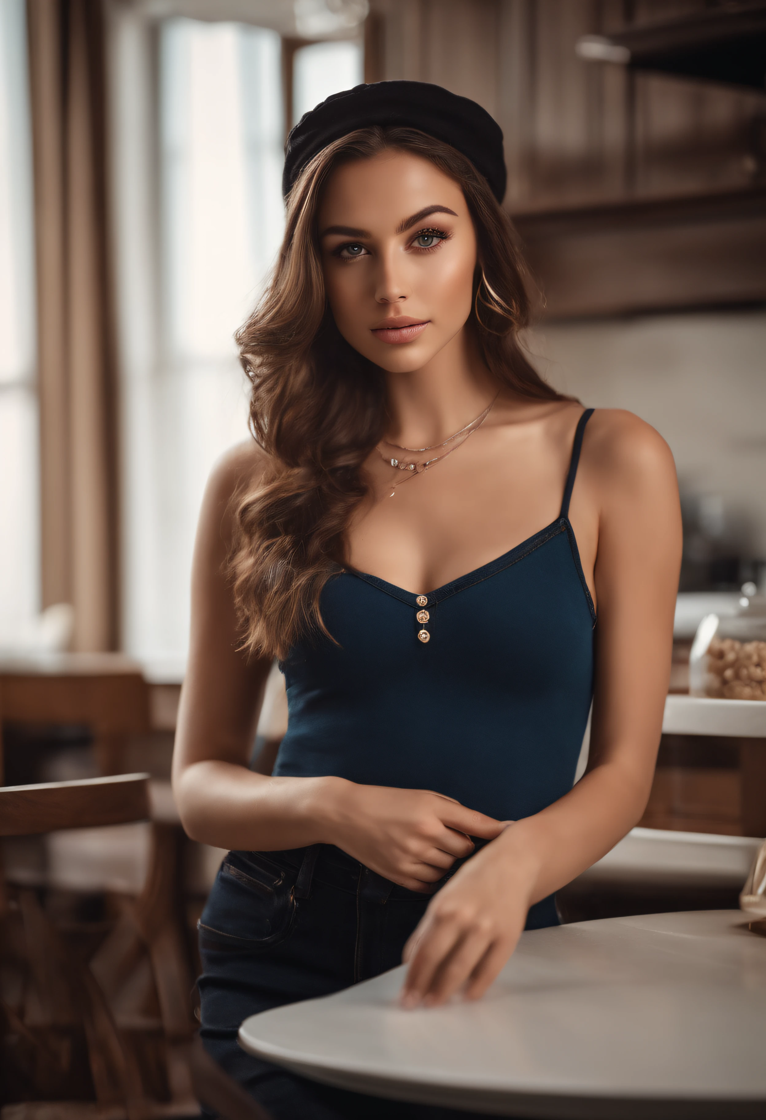 very nfws, arafed woman  with a necklace, large breasts, sitting on a kitchen counter, modern kitchen, white countertop, sexy girl with green eyes, portrait sophie mudd, brown hair and large eyes, selfie of a young woman, bedroom eyes, violet myers, without makeup, natural makeup, looking directly at the camera, face with artgram, subtle makeup, stunning full body shot, piercing green eyes, beautiful angle, attractive pose, cute girl, sexy pose, full body picture, full body, full body shoot, brunette goddess, high detail, satisfied pose, wearing only a blue bucket hat