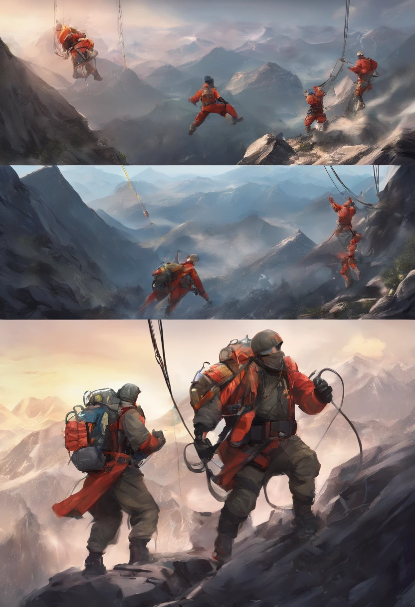 chineseidol,Personnel conducting rope rescue training,(A group of climbers:1.1),Rescue operations,action sports,Climbing,mountain peaks,Cord,challenge,highly,Courage,(Heroic rescue scene:1.2),Emergency Response Team,full body shot of, (Jaw-dropping effect), ,(Studio lighting), hyper HD, A high resolution