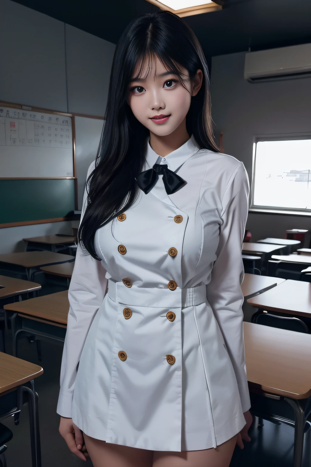 （​masterpiece、high-level image quality、top-quality）、Japan High School School Uniform、Colossal tits、Smile、dark grey HAIR、Clear black eyes、‎Classroom、evening、A neat and Japan beautiful woman with superlative good looks、Young and beautiful skin、17 age、(perfect anatomia、Beautiful limbs、Beautiful skin)、Professional filming、