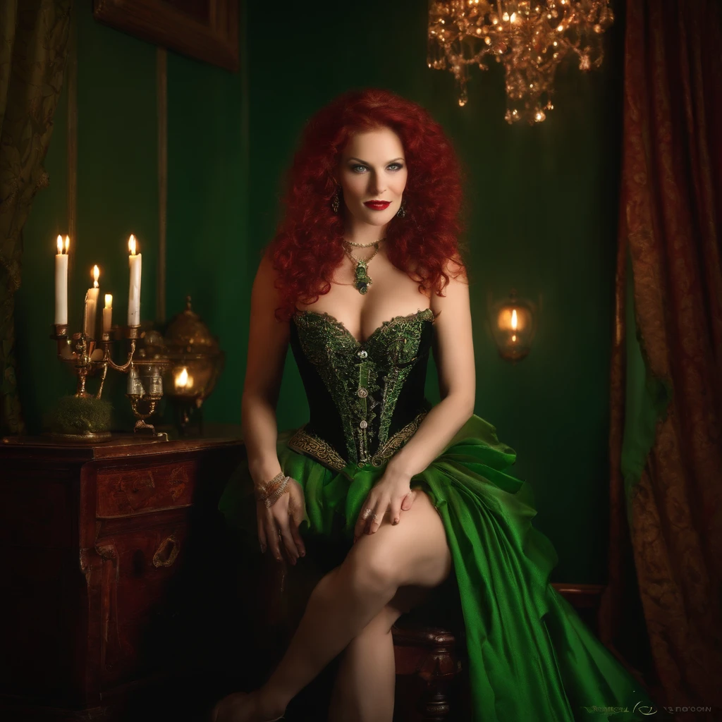 Caucasian woman around 30 years old, very feminine and attractive, sexy smile, large breast, ankle bracelet, diamond necklace and ear rings, pale skin with red wavy hair, surreal bright green iris, green iris, full body image, 2 legs, wearing a red and black frilly corset and a choker, candlelight in a 1600's luxury bedroom, ultra sharp focus, realistic shot