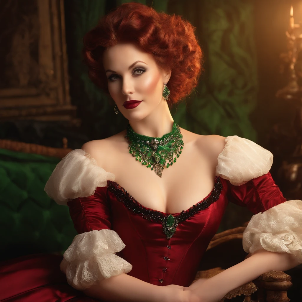 Caucasian woman around 30 years old, very feminine and attractive, sexy smile, large breast, ankle bracelet, diamond necklace and ear rings, pale skin with red wavy hair, surreal bright green iris, green iris, full body image, 2 legs, wearing a red and black frilly corset and a choker, candlelight in a 1600's luxury bedroom, ultra sharp focus, realistic shot