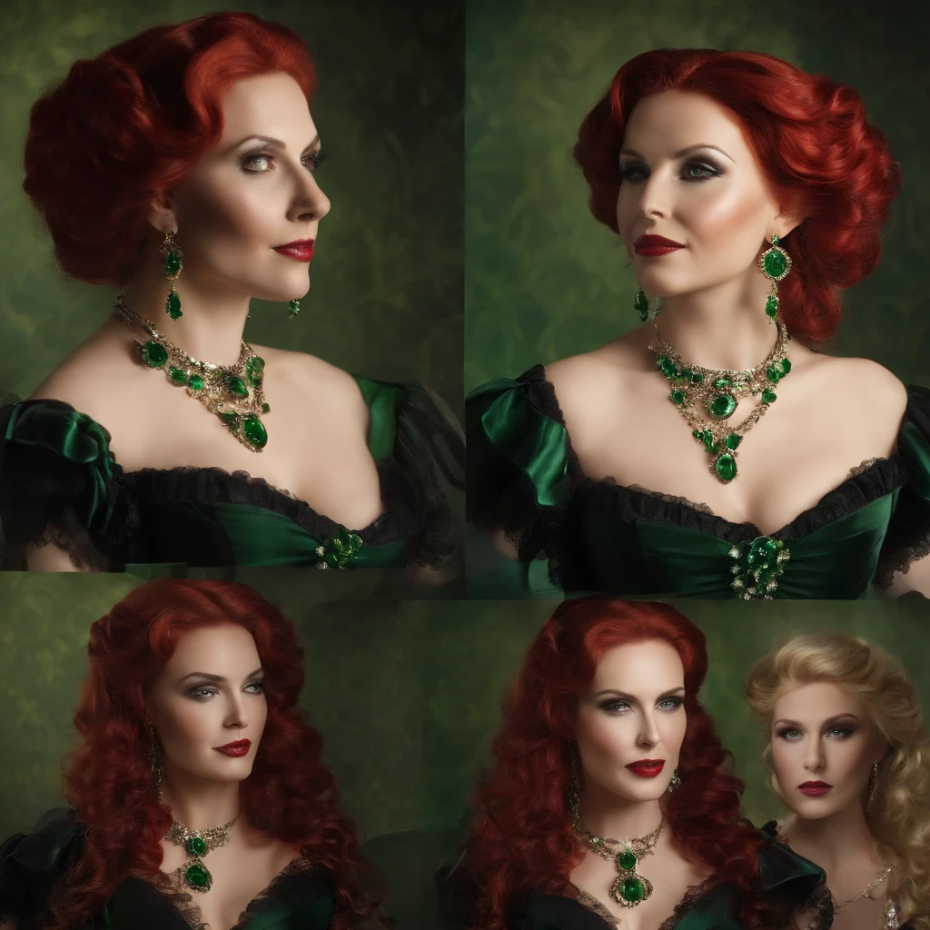 Caucasian woman around 30 years old, very feminine and attractive, sexy smile, large breast, ankle bracelet, diamond necklace and ear rings, pale skin with red wavy hair, surreal bright green iris, green iris, full body image, 2 legs, wearing a red and black frilly corset and a choker, candlelight in a 1600's luxury bedroom, ultra sharp focus, realistic shot