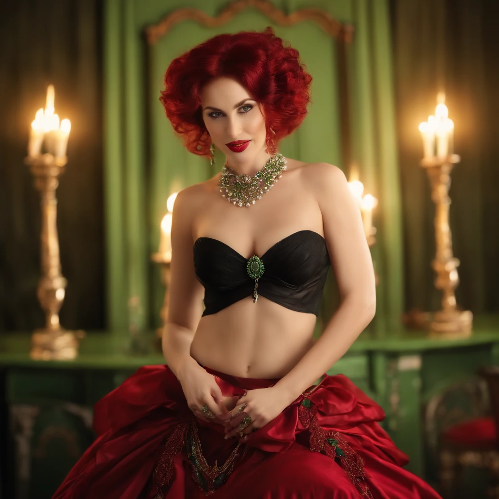 Caucasian woman around 30 years old, very feminine and attractive, sexy smile, large breast, ankle bracelet, diamond necklace and ear rings, pale skin with red wavy hair, surreal bright green iris, green iris, full body image, 2 legs, wearing a red and black frilly corset and a choker, candlelight in a 1600's luxury bedroom, ultra sharp focus, realistic shot