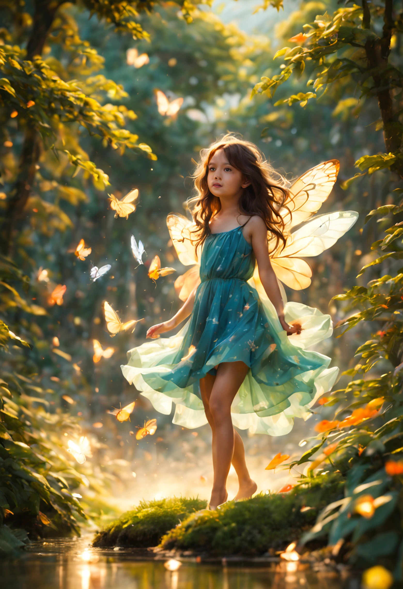 1 cinta, Natureza, Floresta, Asas, borboleta, Bugs, tree, sozinho, cabelos longos, vestir, light particles, fada, ao ar livre, scenecy, brilhante, water, fantasia, asas de borboleta, Blurry, barefoot, Asas de fada, vestido azul, profundidade de campo, vaga-lume