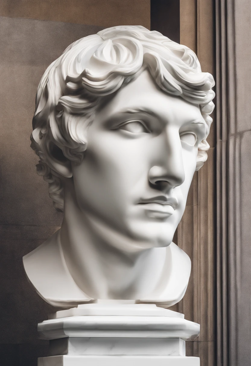 White marble statue of bust of Elliott smith with the style of the Greek philosopher in the museum. Atmosfera escura, alto contraste de luz e sombra, fotografia profissional, utrarealista, Light Volumetric, cinemactic