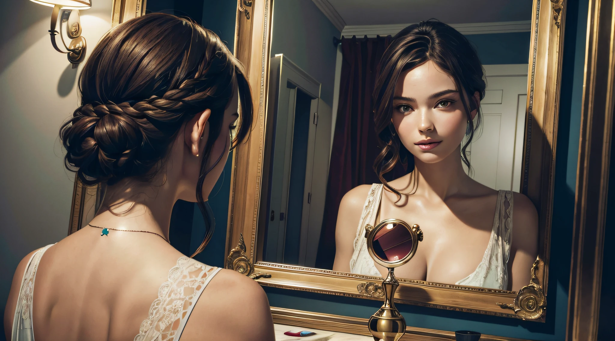 A PERSON FACING THEMSELVES IN THE MIRROR. ((masterpiece)), ((best quality))), ((ultra-detailed)), UHD, 8K, ((high resolution))), ((illustration)), ((realistic)),