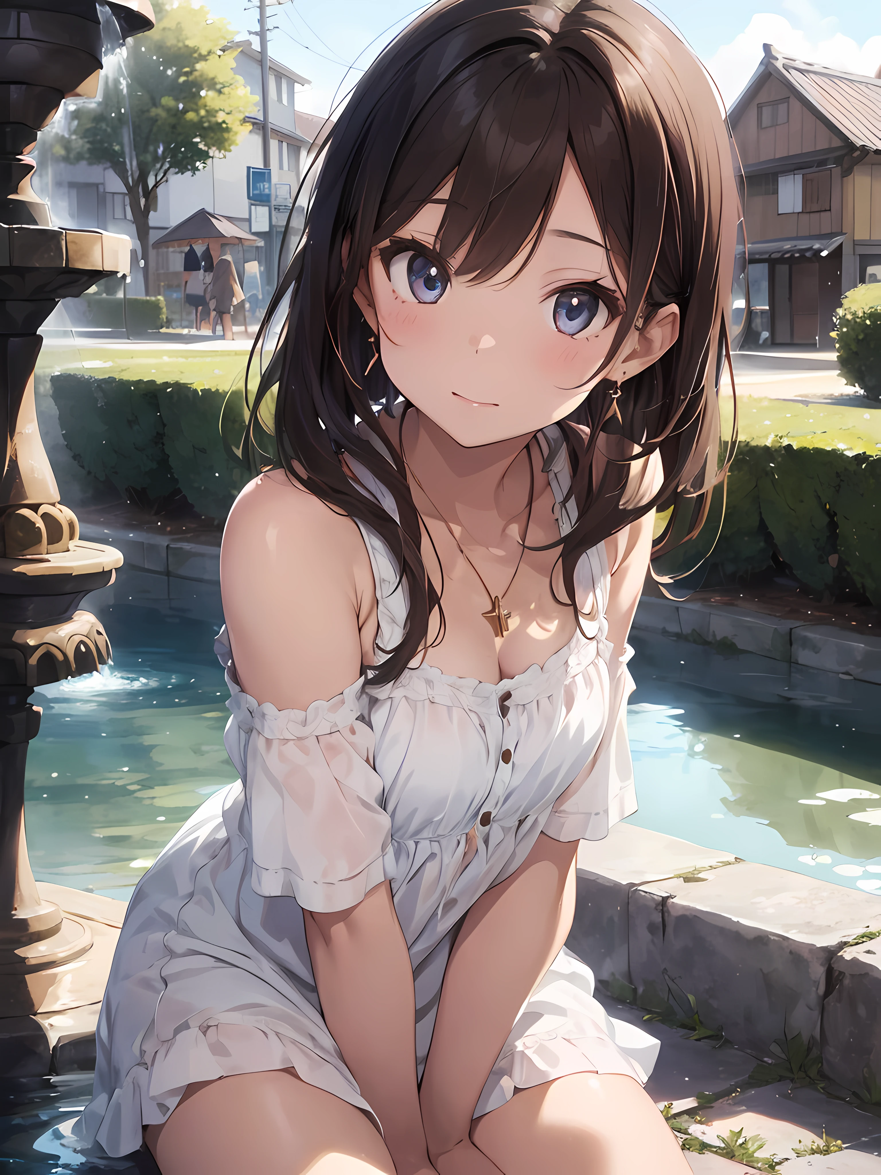 image of 1 girl, Sitting by a fountain, 17-year-old with a blend of adorable and sultry vibes. Her athletic frame, soft skin, Sandy Blonde mid-back length hair with shades of red and light brown highlights. Her captivating Sapphire eyes, wearing a plain white sundress. She completes her look with an art pallet pendant and shimmering diamond stud earrings, small Japanese town/ city background, high res, ultrasharp, 8K, masterpiece, looking at camera, off-shoulder dress, necklace
