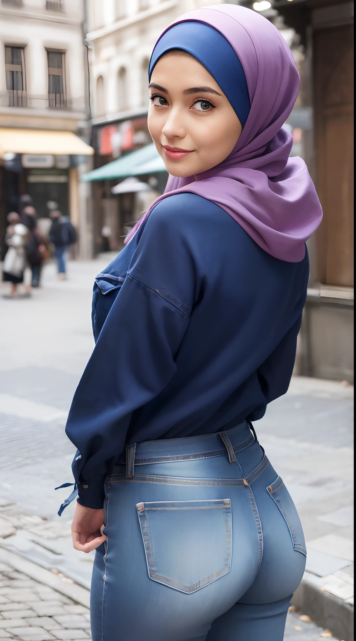 (Masterpiece, Best quality), beautiful woman, Detailed long-sleeved blouse, Wearing the hijab on the head, pantalon jeans moulant un cul parfait visage parfait, beau visage, Attirant, De grands yeux magnifiques, ouvrir bouche, contenu, Corps slim fit parfait, (outdoor), Rues de la ville, New York, couleurs vives, lui tourna le dos pour montrer ses fesses, se penche en avant, Turn your head towards the camera, regard coquin, cul parfait, montre son cul, (Masterpiece, Best quality), beautiful woman, Detailed long-sleeved blouse, Wearing the hijab on the head, pantalon jeans moulant un cul parfait visage parfait, beau visage, Attirant, De grands yeux magnifiques, ouvrir bouche, contenu, Corps slim fit parfait, (outdoor), Rues de la ville, New York, couleurs vives, lui tourna le dos pour montrer ses fesses, se penche en avant, Turn your head towards the camera, regard coquin, cul parfait