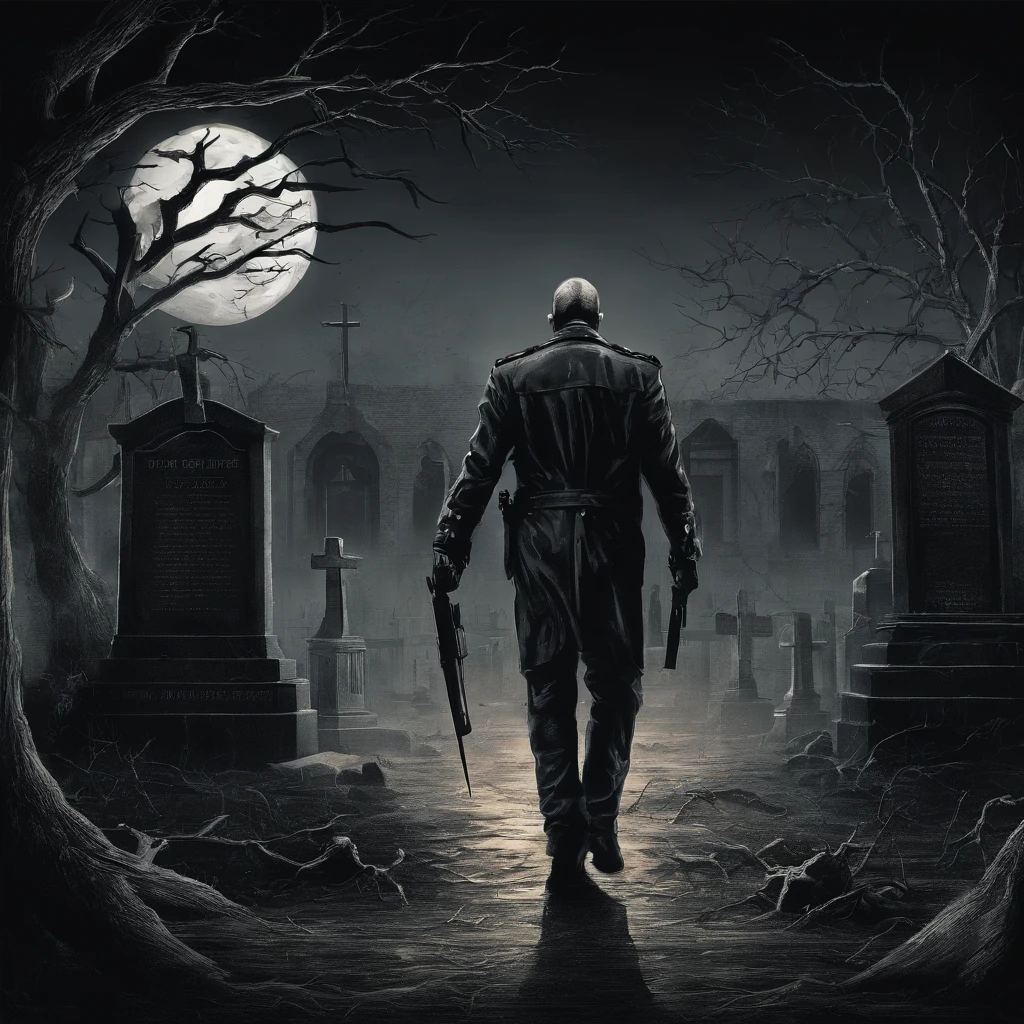 background with a penitentiary on fire, 3D, 16k, vector,  show hands, vivid color splatter, intricate details, skull police character, 01 police officer with face and skull, showing hands with blood, carrying a flag with letter "D", bac in black oil decal with wet glitter look, full moon night, midnight, cemetery, serious, dry trees, rim light, edge vignette, Greg Rutkowsk