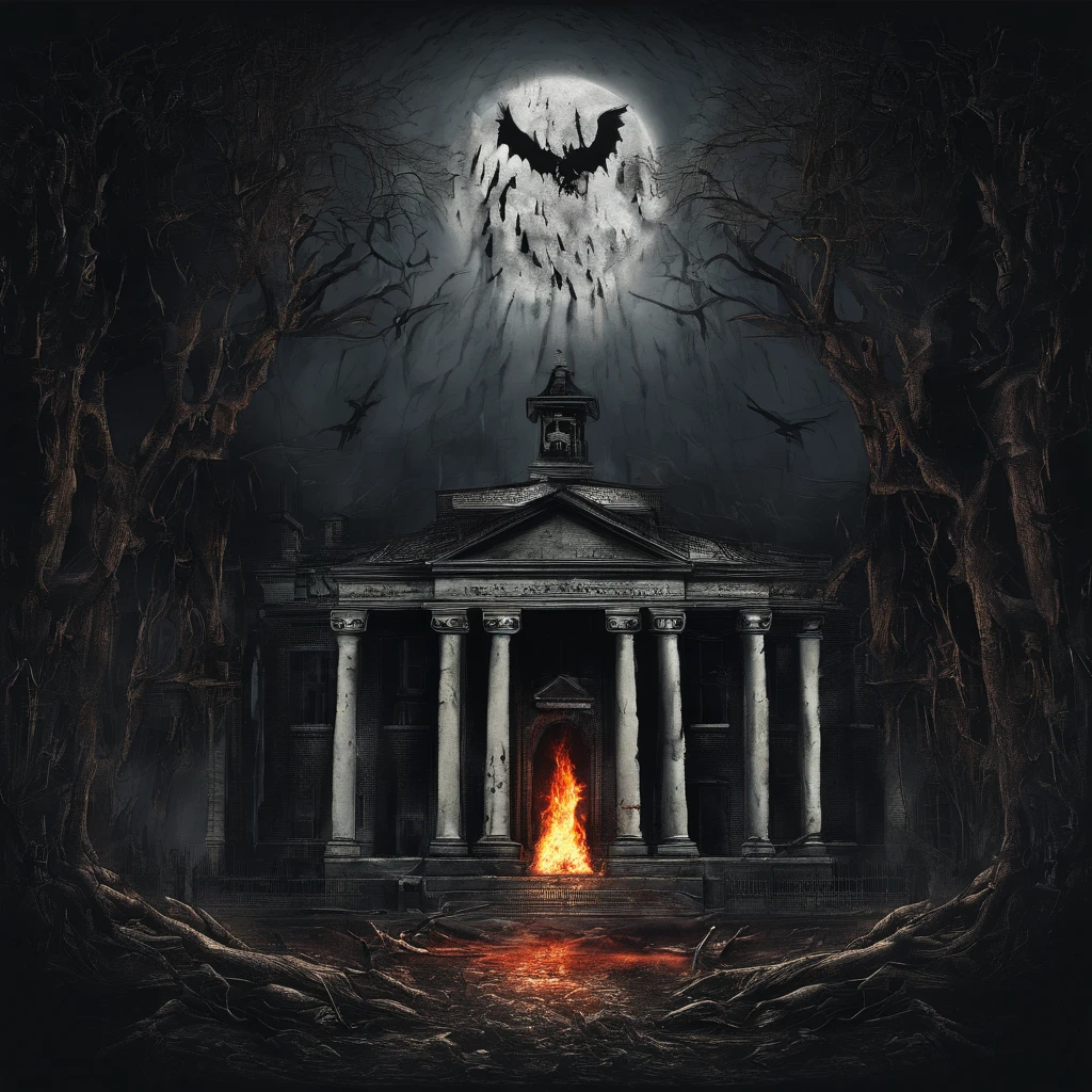 background with a penitentiary on fire, 3D, 16k, vector, show hands, vivid color splatter, intricate details, skull police character, 01 police officer with face and skull, showing hands with blood, carrying a flag with letter "D", bac in black oil decal with wet glitter look, full moon night, midnight, cemetery, serious, dry trees, rim light, edge vignette, Greg Rutkowsk