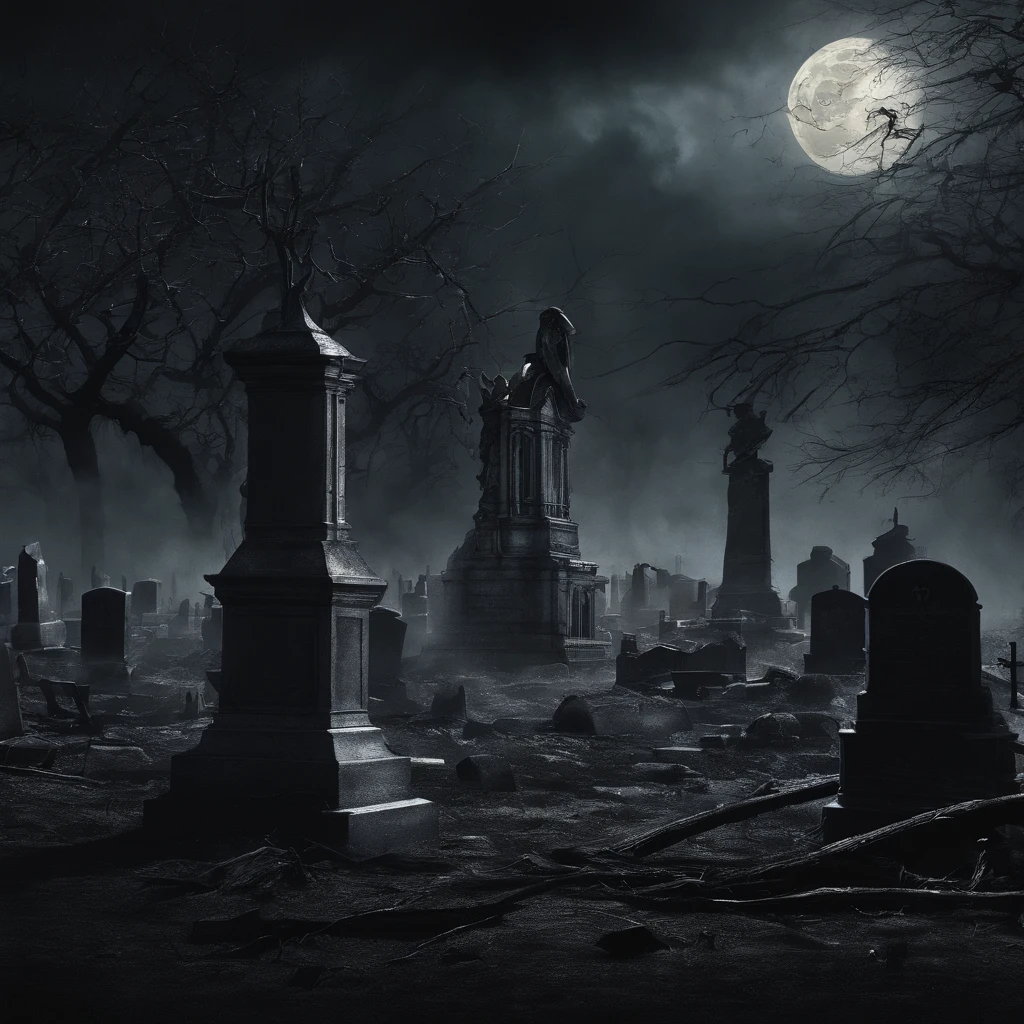 background with a penitentiary on fire, 3D, 16k, vector,  show hands, vivid color splatter, intricate details, skull police character, 01 police officer with face and skull, showing hands with blood, carrying a flag with letter "D", bac in black oil decal with wet glitter look, full moon night, midnight, cemetery, serious, dry trees, rim light, edge vignette, Greg Rutkowsk