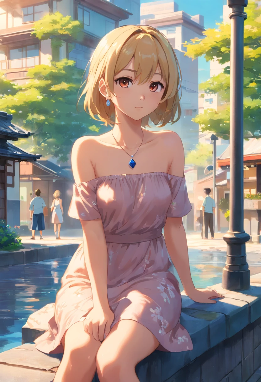 image of 1 girl, Sitting by a fountain, 17-year-old with a blend of adorable and sultry vibes. Her athletic frame, soft skin, Blonde mid-back length hair with shades of red and light brown highlights. Her captivating Sapphire eyes, wearing a sundress. She completes her look with a shimmering diamond stud earrings, small Japanese town/ city background, high res, ultrasharp, 8K, masterpiece, looking at camera, off-shoulder dress, necklace