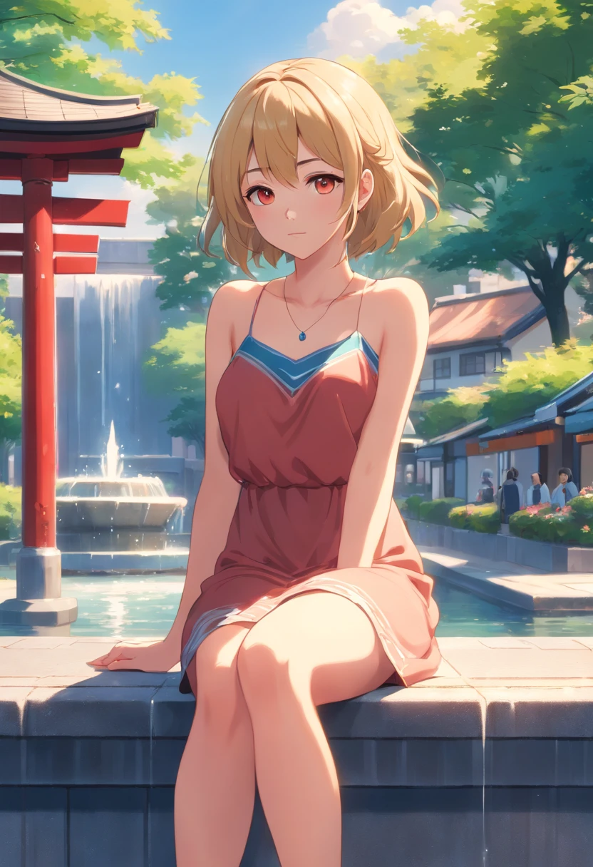image of 1 girl, Sitting by a fountain, 17-year-old with a blend of adorable and sultry vibes. Her athletic frame, soft skin, Blonde mid-back length hair with shades of red and light brown highlights. Her captivating Sapphire eyes, wearing a sundress. She completes her look with a shimmering diamond stud earrings, small Japanese town/ city background, high res, ultrasharp, 8K, masterpiece, looking at camera, off-shoulder dress, necklace