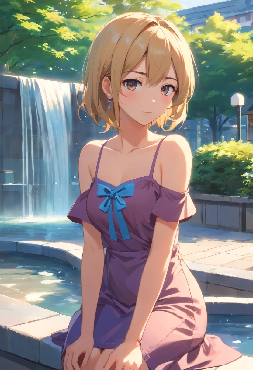 image of 1 girl, Sitting by a fountain, 17-year-old with a blend of adorable and sultry vibes. Her athletic frame, soft skin, Blonde mid-back length hair with shades of red and light brown highlights. Her captivating Sapphire eyes, wearing a sundress. She completes her look with a shimmering diamond stud earrings, small Japanese town/ city background, high res, ultrasharp, 8K, masterpiece, looking at camera, off-shoulder dress, necklace