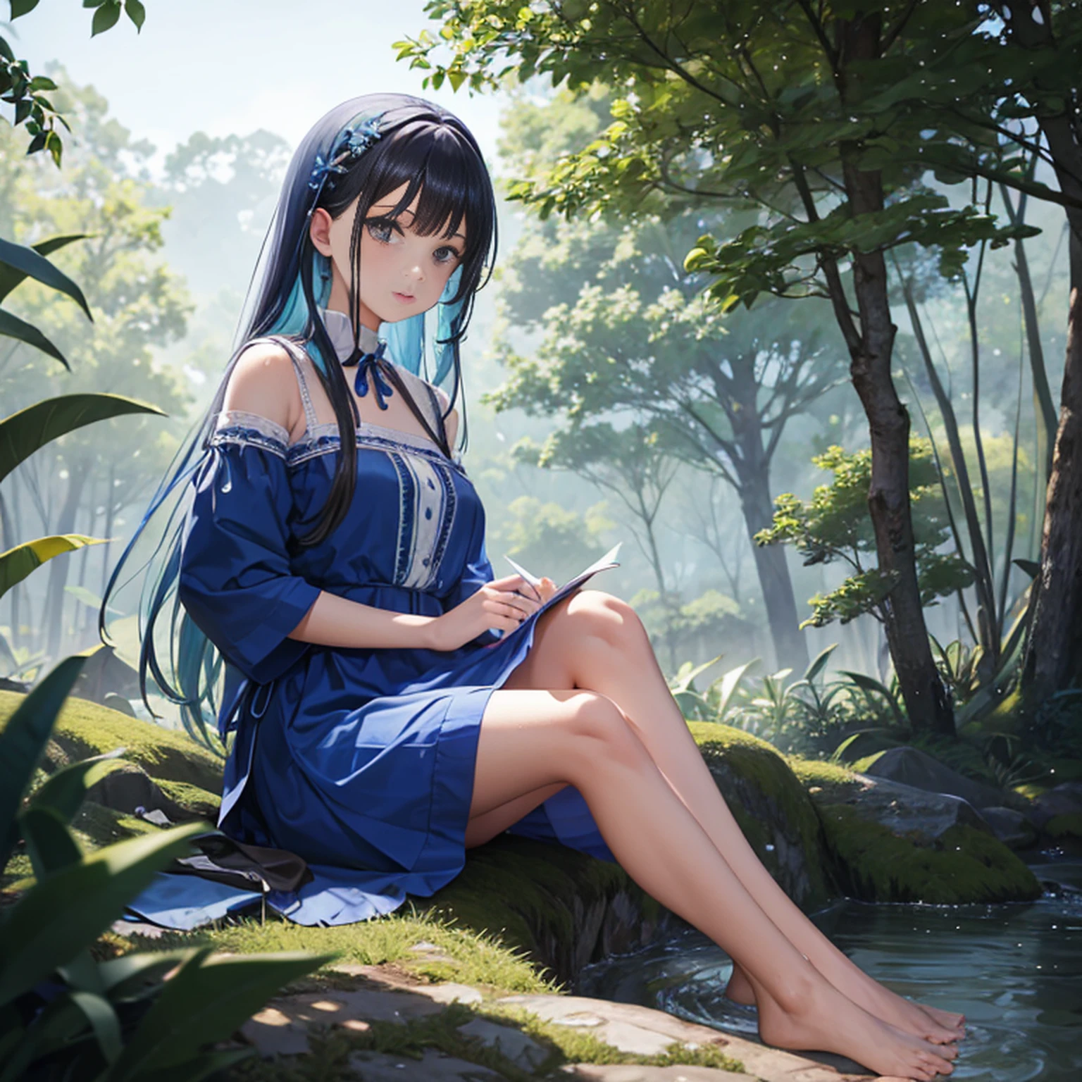 1girl, Natureza, Floresta, Asas, borboleta, bug, tree, sozinho, cabelos longos, vestir, light particles, fada, ao ar livre, scenecy, brilhante, water, fantasia, asas de borboleta, Blurry, barefoot, Asas de fada, vestido azul, profundidade de campo, Pirilampos