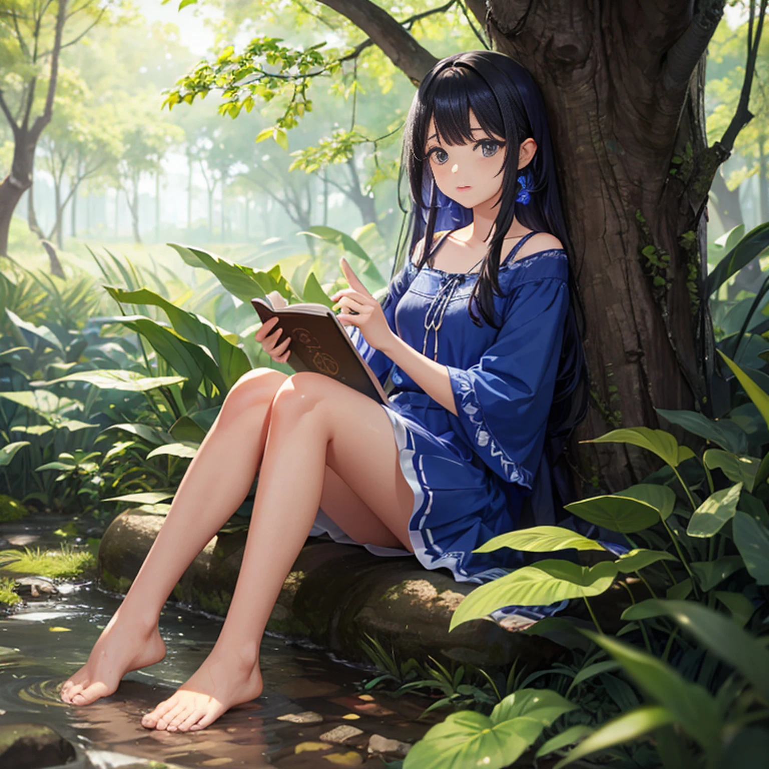 1girl, Natureza, Floresta, Asas, borboleta, bug, tree, sozinho, cabelos longos, vestir, light particles, fada, ao ar livre, scenecy, brilhante, water, fantasia, asas de borboleta, Blurry, barefoot, Asas de fada, vestido azul, profundidade de campo, Pirilampos