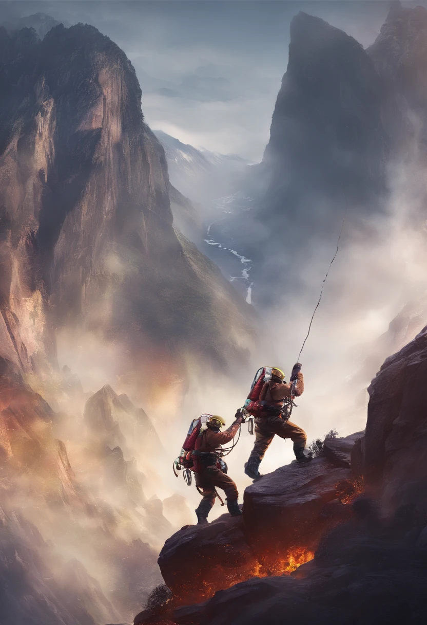 chineseidol,Personnel conducting rope rescue training,(A group of climbers:1.1),Rescue operations,action sports,Climbing,mountain peaks,Cord,challenge,highly,Courage,(Heroic rescue scene:1.2),Emergency Response Team,full body shot of, (Jaw-dropping effect), ,(Studio lighting), hyper HD, A high resolution