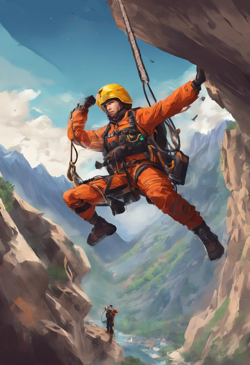 chineseidol,Personnel conducting rope rescue training,(A group of climbers:1.1),Rescue operations,action sports,Climbing,mountain peaks,Cord,challenge,highly,Courage,(Heroic rescue scene:1.2),Emergency Response Team,full body shot of, (Jaw-dropping effect), ,(Studio lighting), hyper HD, A high resolution