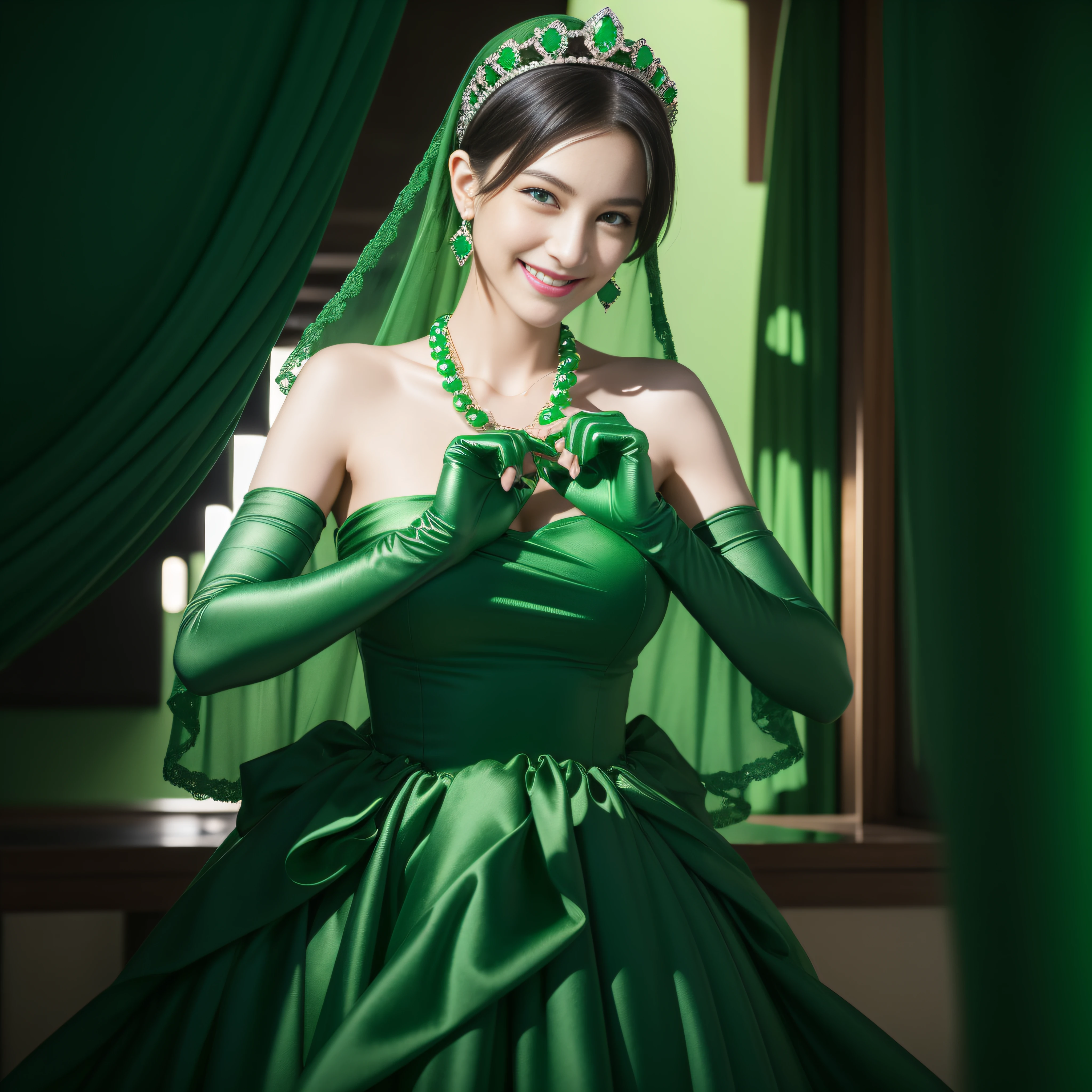 emerald tiara, Green Pearl Necklace, Boyish very short black hair, lipsticks, Japan woman smiling, very short short hair, big breasts beautiful, Green eyes, Long green gloves made of satin material, Green eyes, Emerald Earrings, green vale, Heart with both hands