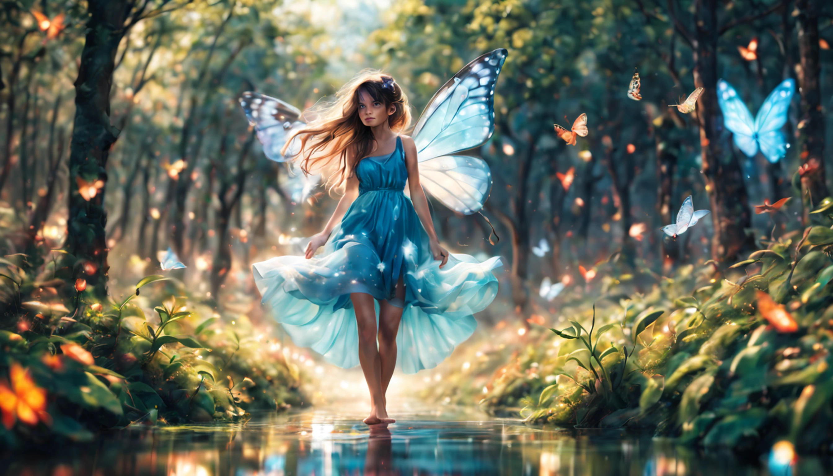 1 mulher fada, Natureza, Floresta, Asas, borboleta, Bugs, tree, sozinho, cabelos longos, vestir, light particles, fada, ao ar livre, scenecy, brilhante, water, fantasia, asas de borboleta, Blurry, barefoot, Asas de fada, vestido azul, profundidade de campo, vaga-lume