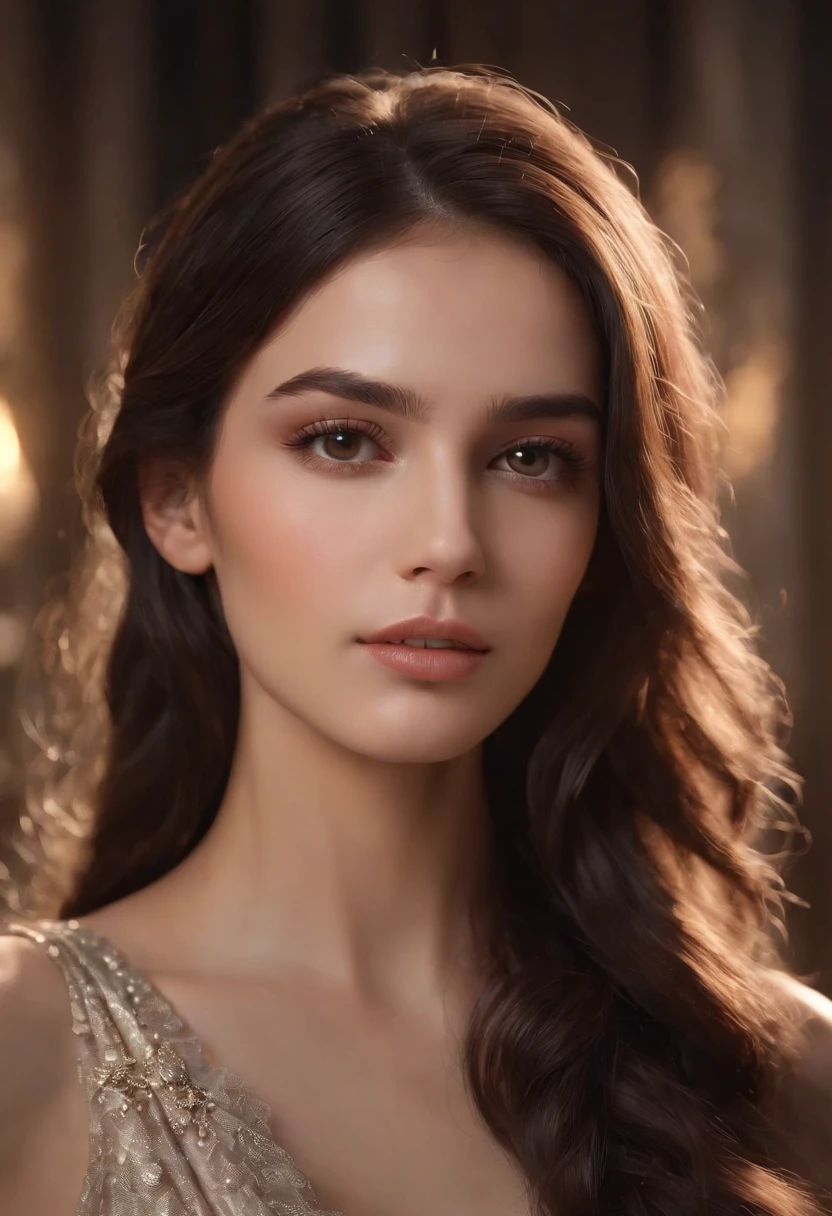 a tall young woman with an androgynous face, long wavy black hair, black eyes, brown skin, framed by long, fluttering eyelashes, exudes an air of elegance, with opalescent skin and iridiscent scales, masterpiece, absolutely perfect, stunning image, visually rich, intricately detailed, concept art, by Mschiffer, glowy, cinematic, UHD wallpaper, 3d, octane render, volumetric lights RPG v5