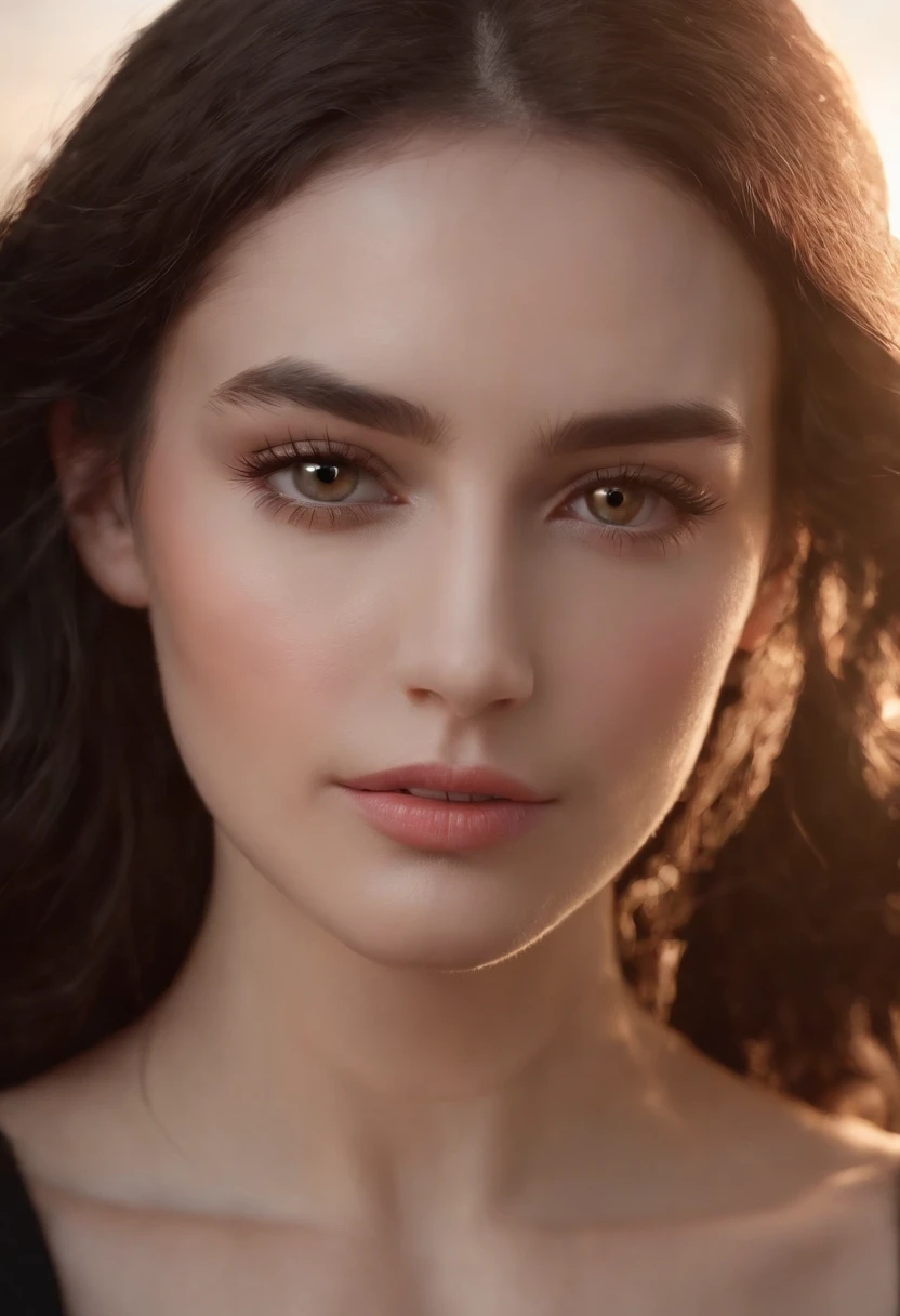 a tall young woman with an androgynous face, long wavy black hair, black eyes, brown skin, framed by long, fluttering eyelashes, exudes an air of elegance, with opalescent skin and iridiscent scales, masterpiece, absolutely perfect, stunning image, visually rich, intricately detailed, concept art, by Mschiffer, glowy, cinematic, UHD wallpaper, 3d, octane render, volumetric lights RPG v5