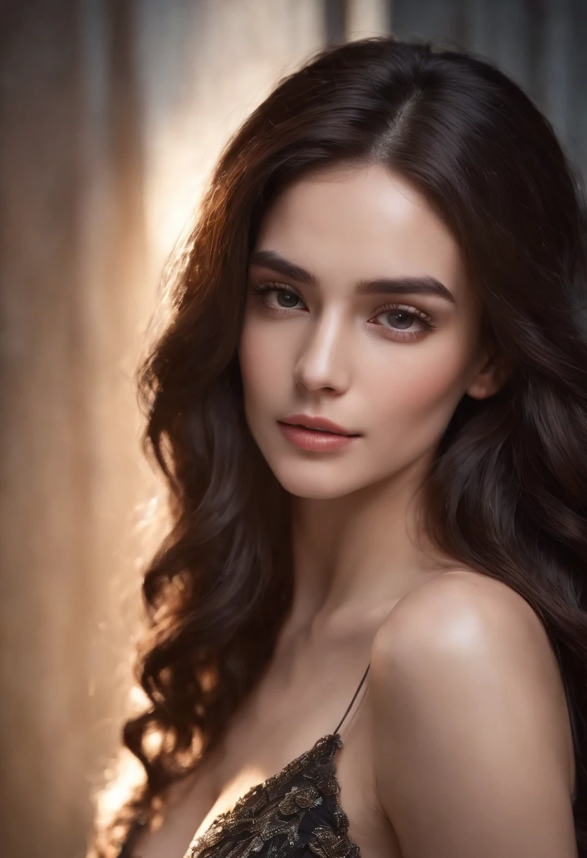 a tall young woman with an androgynous face, long wavy black hair, black eyes, brown skin, framed by long, fluttering eyelashes, exudes an air of elegance, with opalescent skin and iridiscent scales, masterpiece, absolutely perfect, stunning image, visually rich, intricately detailed, concept art, by Mschiffer, glowy, cinematic, UHD wallpaper, 3d, octane render, volumetric lights RPG v5