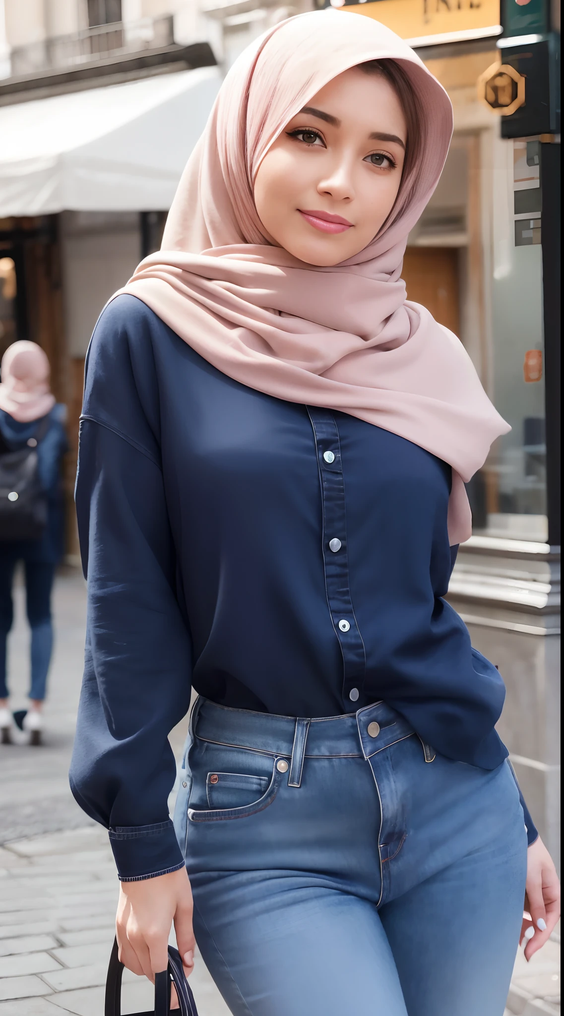 Mira filzah walking, beautiful, masterpiece, best quality , (mira filzah:1.3), wearing hijab, realistic body, slim, textured skin detailed, detailed skin, mole below eyes, dark skin, happy, small breast, flat chest, proportional body, small head, dark night background, spotlight lighting, wearing big pastel shirt and light blue jeans