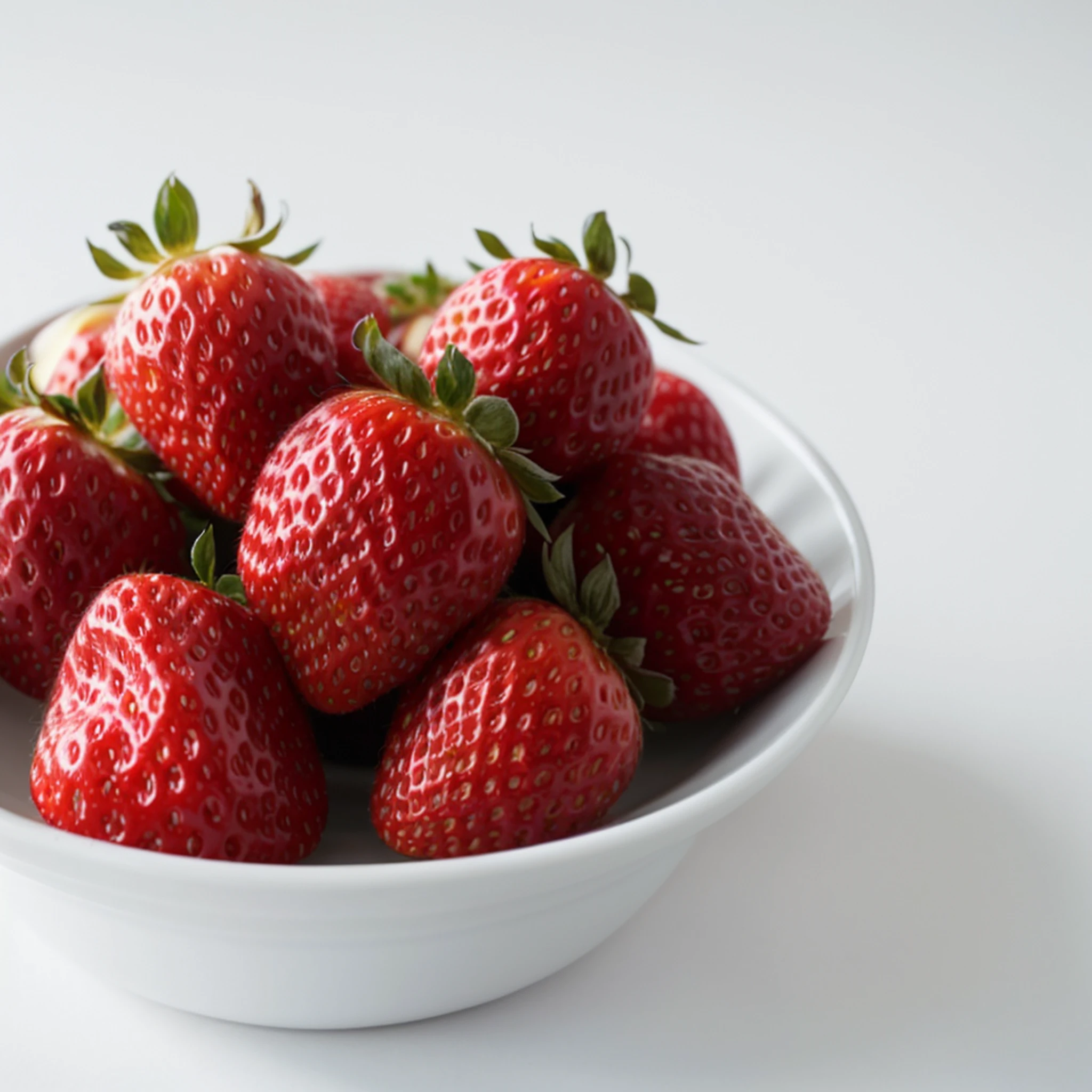 Strawberry Alaphy Bowl on white surface, Strawberries, Strawberries, fight with strawberries, Next to sliced strawberries, professional fruit photography, by Hiromitsu Takahashi, 「berry, berries, fruit, mouthwatering, High-quality food photography, Ultra-detailed photorealism」, close up food photography, bowl of fruits, Stock Photo, Matthias Baka