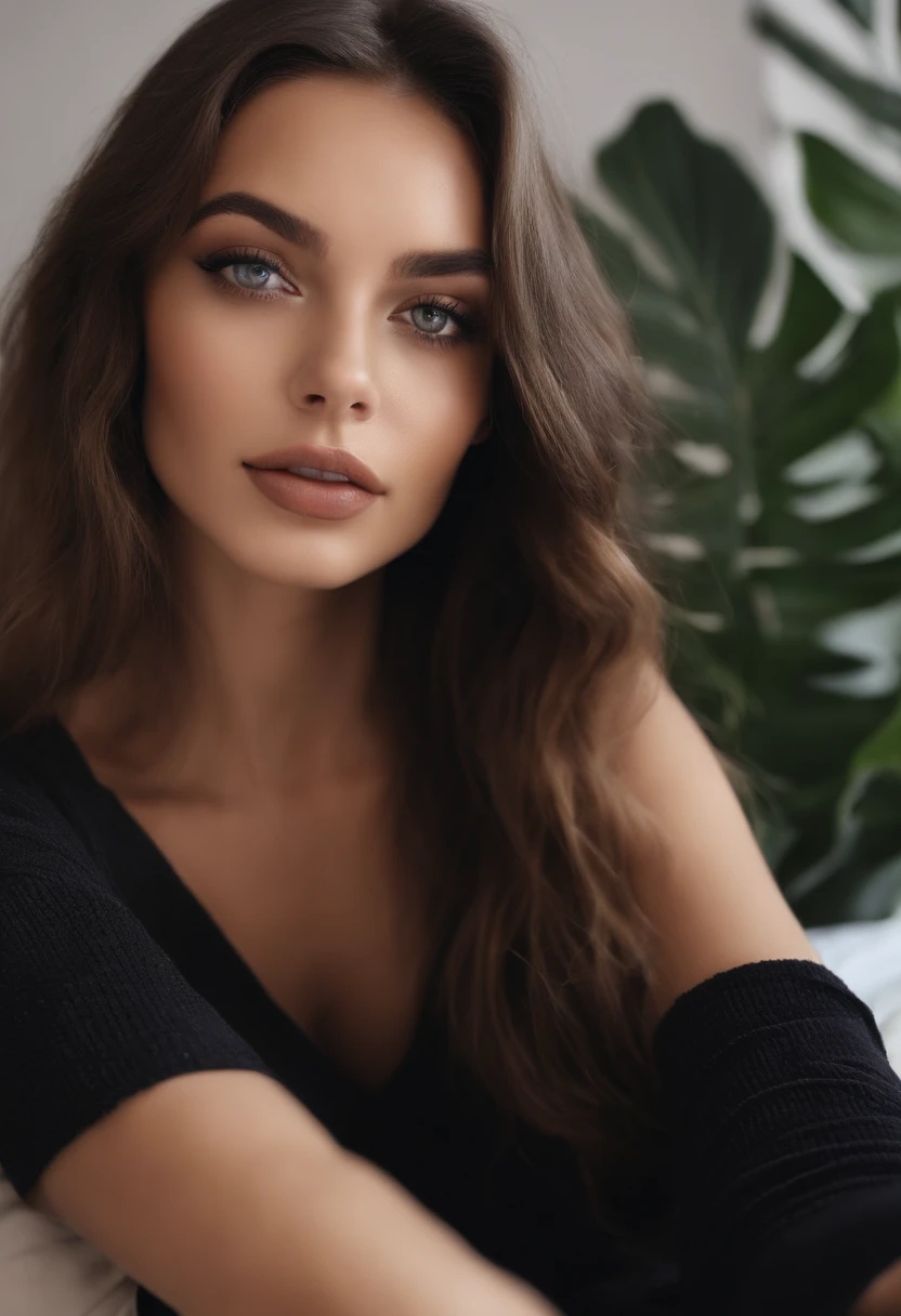 Arafed woman with black clothes, fille sexy aux yeux bruns hispanique, Portrait Sophie Mudd, cheveux bruns et grands yeux, selfie of a young woman, Yeux de chambre, Violet Myers, sans maquillage, maquillage naturel, looking straight at camera, Visage avec Artgram, Maquillage subtil, Superbe photo du corps entier, dans la chambre, clivage