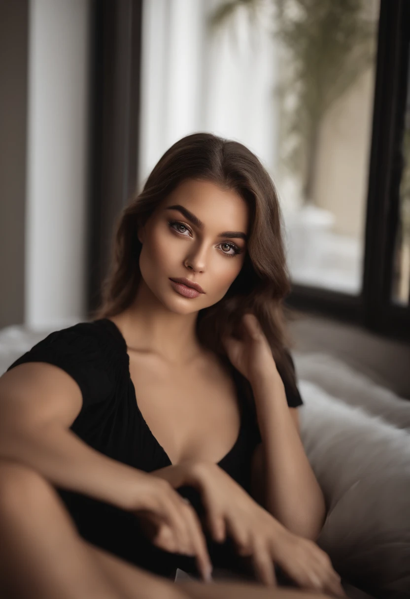 Arafed woman with black clothes, fille sexy aux yeux bruns hispanique, Portrait Sophie Mudd, cheveux bruns et grands yeux, selfie of a young woman, Yeux de chambre, Violet Myers, sans maquillage, maquillage naturel, looking straight at camera, Visage avec Artgram, Maquillage subtil, Superbe photo du corps entier, dans la chambre, clivage