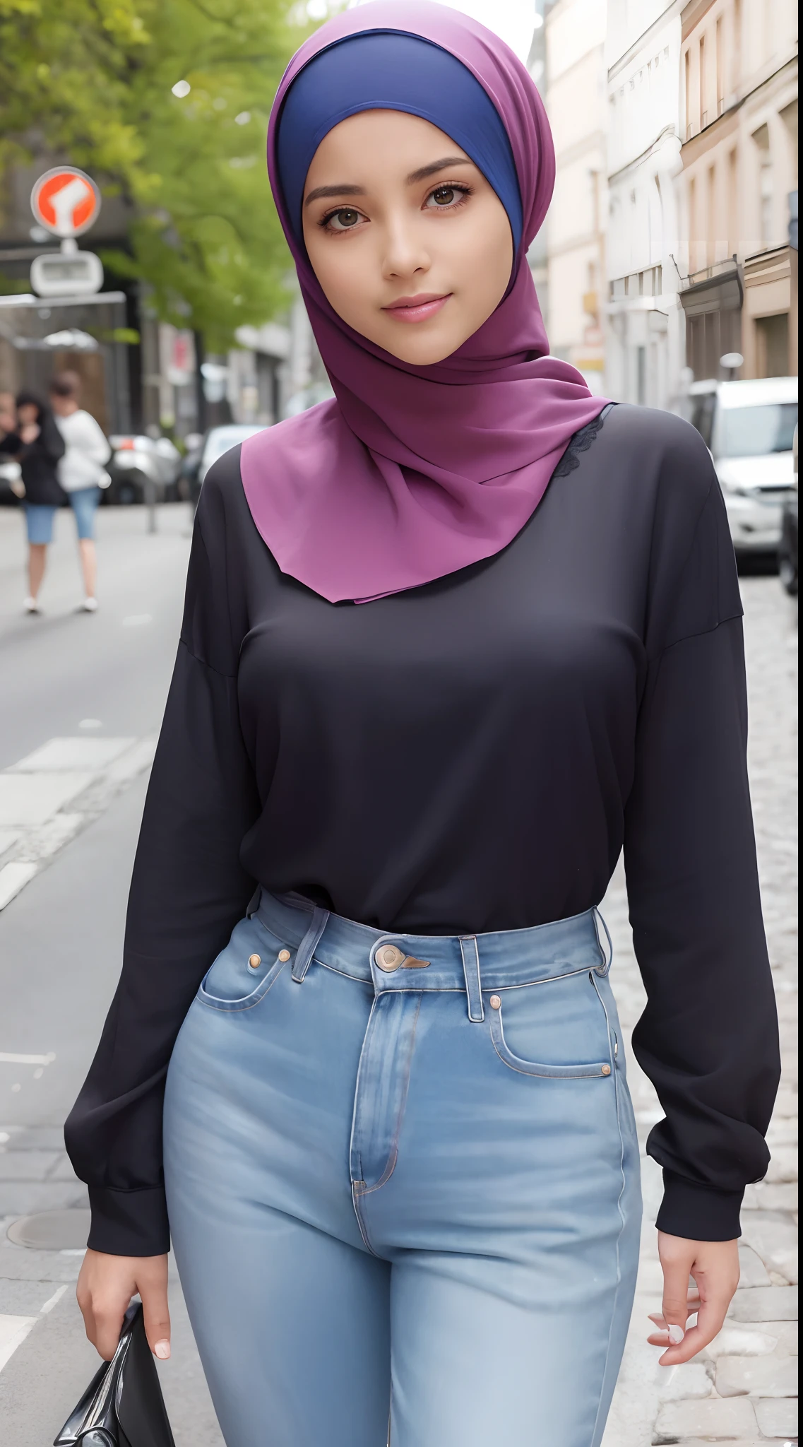 (Masterpiece, Best quality), beautiful woman, Detailed long-sleeved blouse, Wearing the hijab on the head, pantalon jeans moulant un cul parfait visage parfait, beau visage, Attirant, De grands yeux magnifiques, ouvrir bouche, contenu, Corps slim fit parfait, (outdoor), Rues de la ville, New York, couleurs vives, lui tourna le dos pour montrer ses fesses, se penche en avant, Turn your head towards the camera, regard coquin, cul parfait, montre son cul, (Masterpiece, Best quality), beautiful woman, Detailed long-sleeved blouse, Wearing the hijab on the head, pantalon jeans moulant un cul parfait visage parfait, beau visage, Attirant, De grands yeux magnifiques, ouvrir bouche, contenu, Corps slim fit parfait, (outdoor), Rues de la ville, New York, couleurs vives, lui tourna le dos pour montrer ses fesses, se penche en avant, Turn your head towards the camera, regard coquin, cul parfait