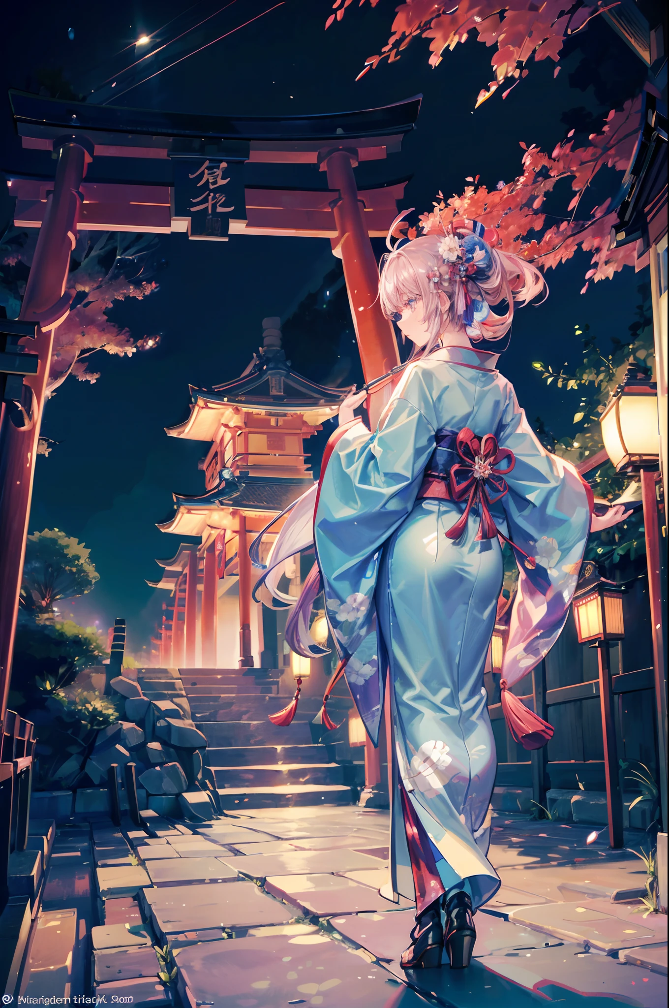(Official art、Best Quality、Unity 8k Wallpapers、32K、masterpiece、ultra-detailliert、超A high resolution、realisitic、Photorealsitic:1.2)、(Cinematic lighting:1.2)、Fireglow effect、film grains、Best Shadows、Rim lighting、side lights、(Ultra-detailed and complex 3D rendering)、Detailed beautiful face and eyes、A slender、Medium bust、(Full body:1.2)、(sideshot、Looking away:1.2)、(Mystical、moonlights)、Highly detailed background、beauitful face、a beauty girl、(super detailed skin、detailed skin textures:1.3)、Japan garden、cowboy shot、Tree with red leaves on tower background々, Japan at night, japan sightseeing, japan deeper travel exploration, japanese temples, pagoda, during night!!, set at night, during night!, けもの, Vivid!!, japanese city at night, full - view, ancient japanese architecture, by Torii Kiyomasu II, november, kyoto japan setting