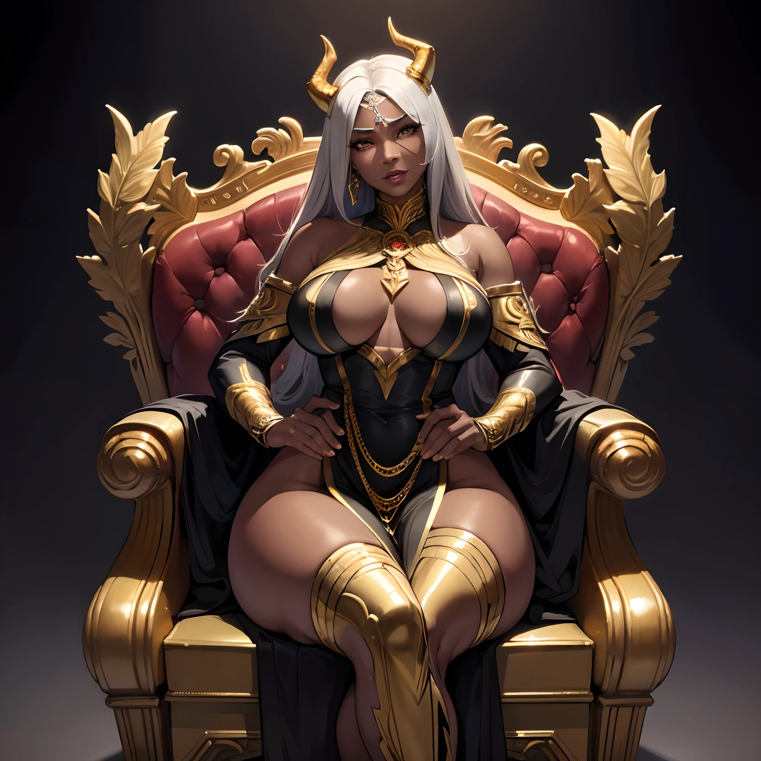 (best quality,4k,8k,highres,masterpiece:1.2), ultra-detailed, (realistic,photorealistic,photo-realistic:1.37), mature ebony-skinned female with long flowing silver hair, wearing a golden  gilded form-fitting skimpy golden dress, curvy, has large black demon wings, has demonic horns, alluring gaze, dark skin tone, ebony skin tone, golden dress, dress made of gold, alone, solo, (ALONE)(SOLO), sitting on throne